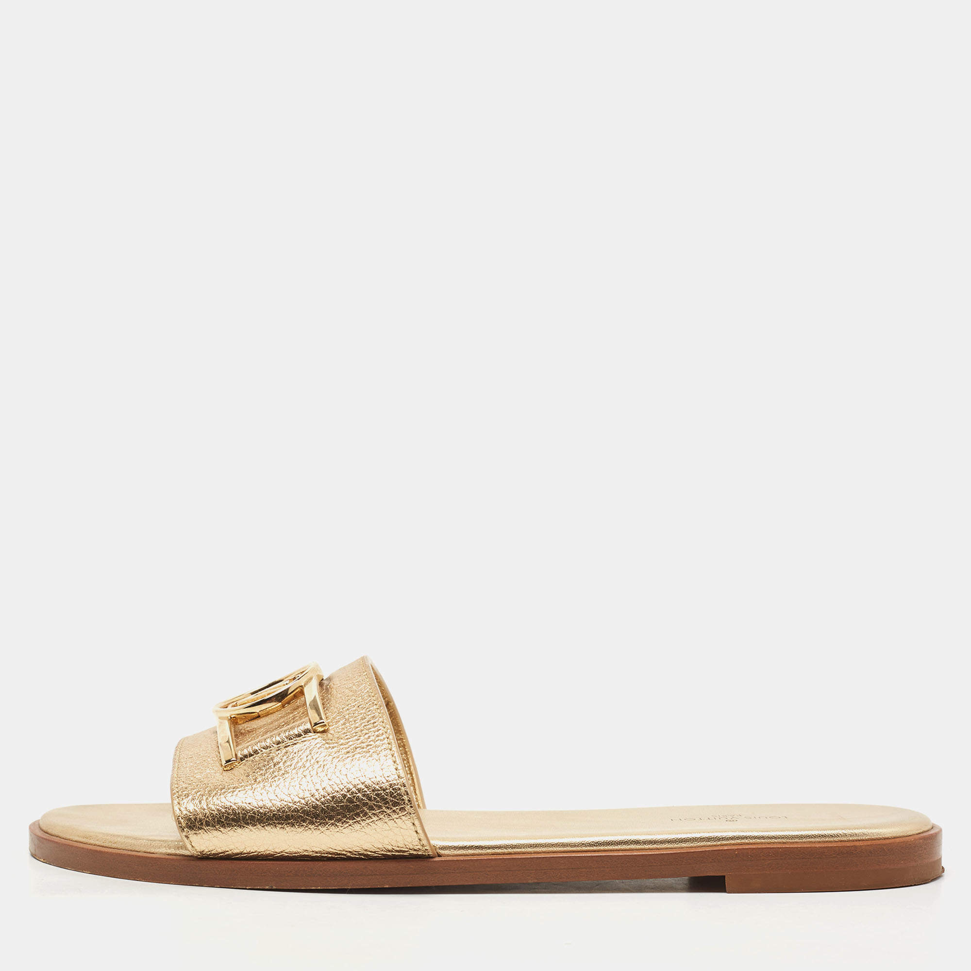 Louis Vuitton Gold Foil Leather Flat Slides Size 38.5