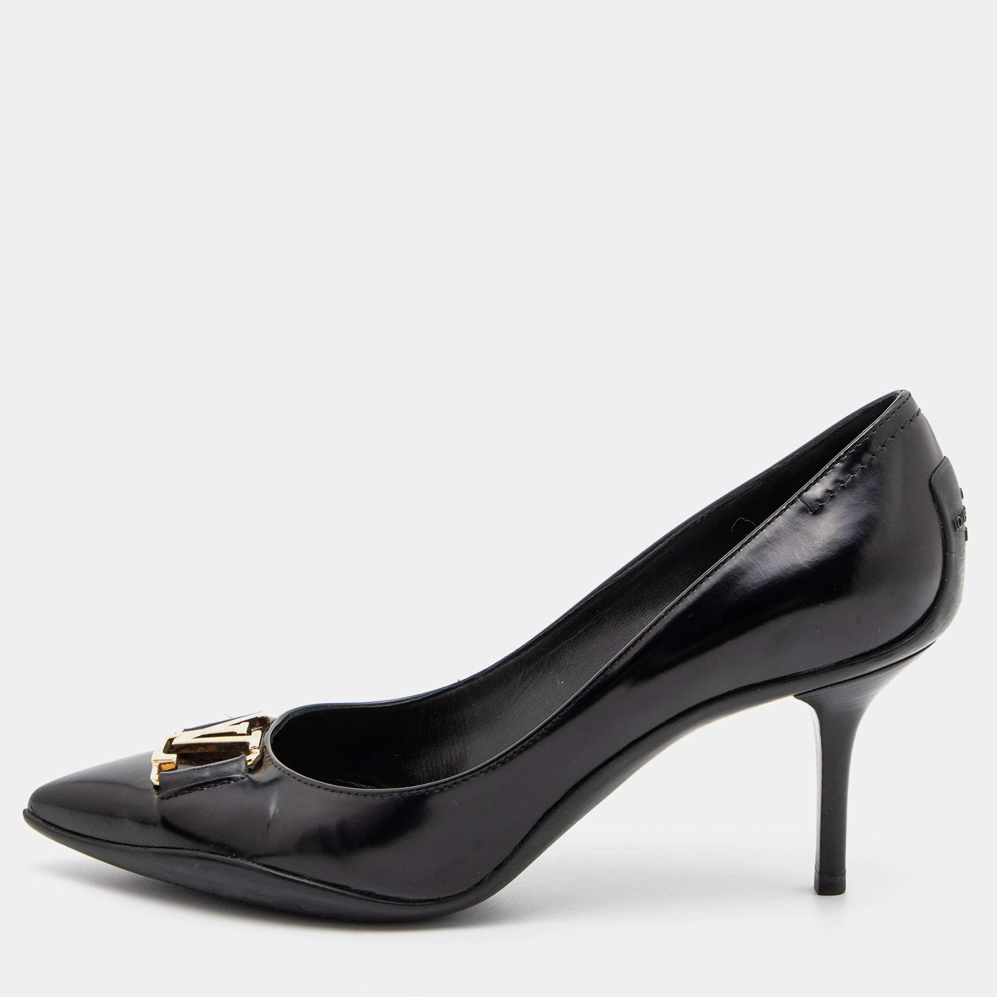 مملوكة مسبقًا Louis Vuitton Black Leather Logo Pointed Toe Pumps Size 38