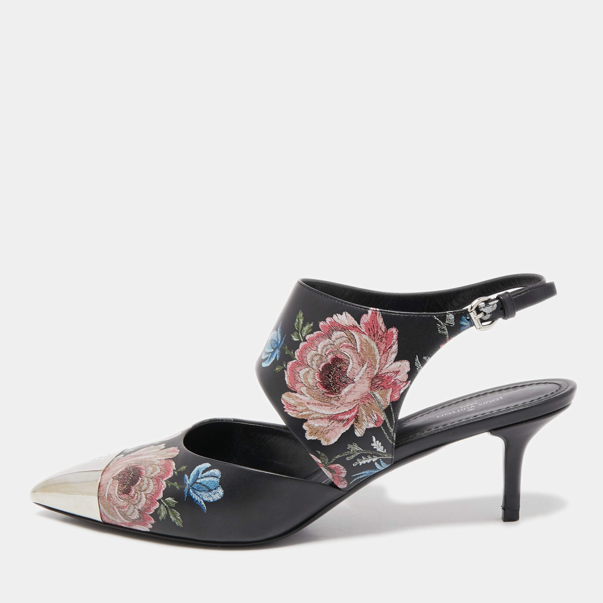 Pre Owned Louis Vuitton Black Leather Printed Flower Metal Cap Toe Slingback Pumps Size 41