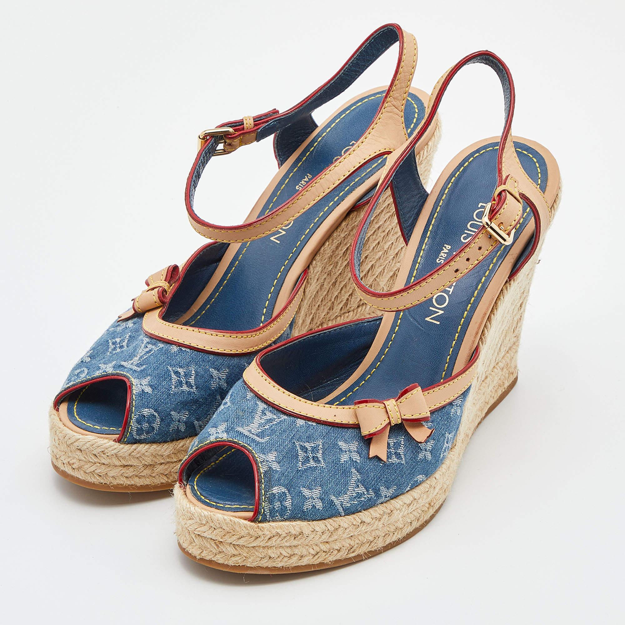 Louis Vuitton, Shoes, Louis Vuitton Blue Monogram Denim Tstrap Cork Wedges  Sandals