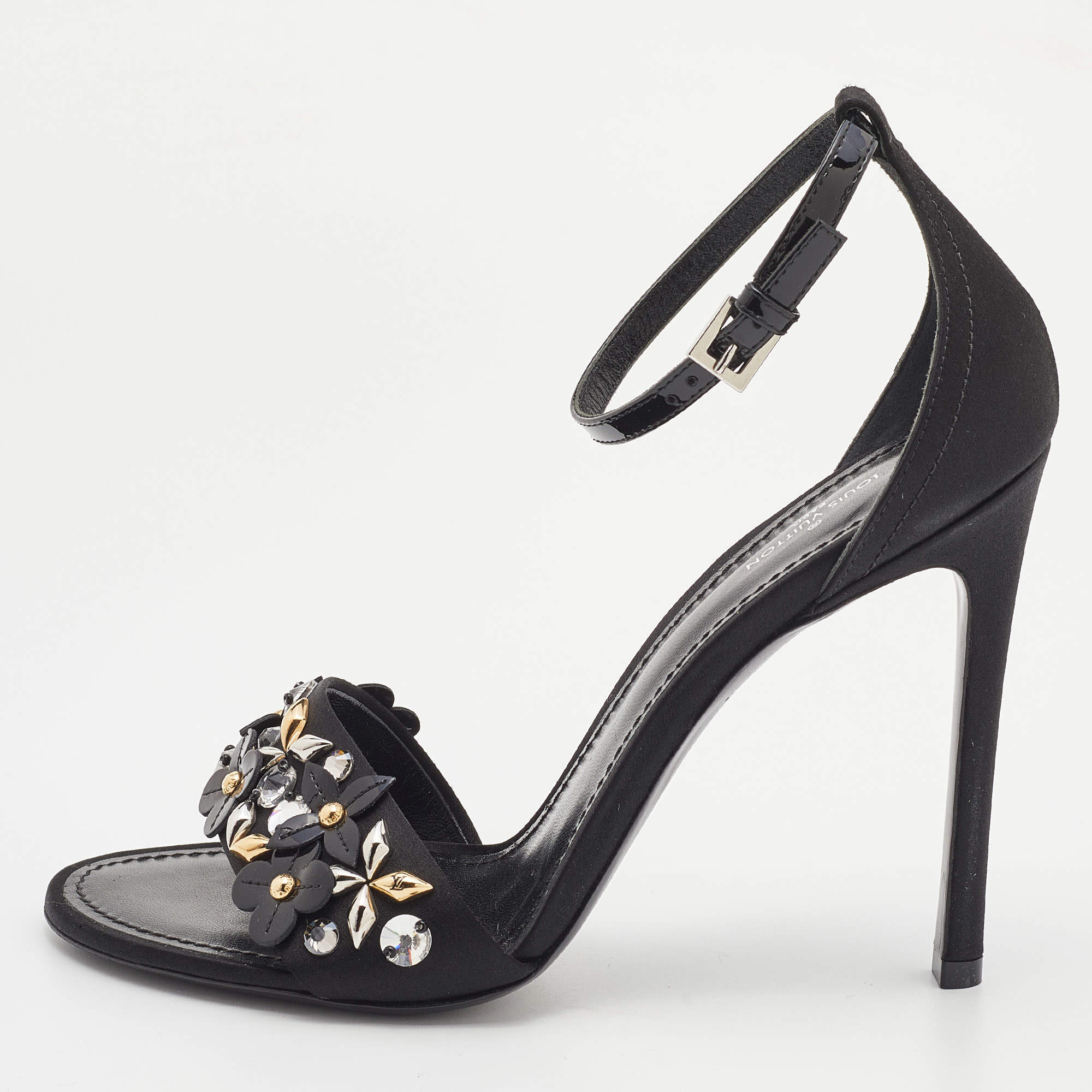 Pre Owned Louis Vuitton Black Satin and Patent Leather Embellished Ankle Strap Sandals Size 38.5