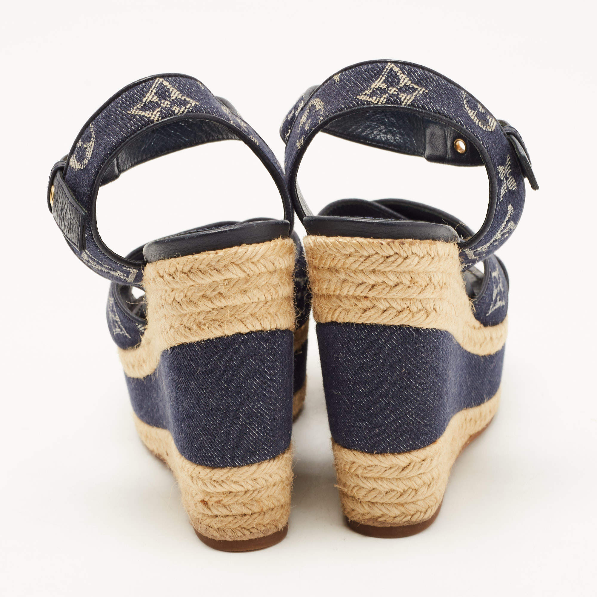 Louis Vuitton Blue Denim Formentera Ankle Strap Platform Wedge Sandals Size  36 Louis Vuitton | The Luxury Closet