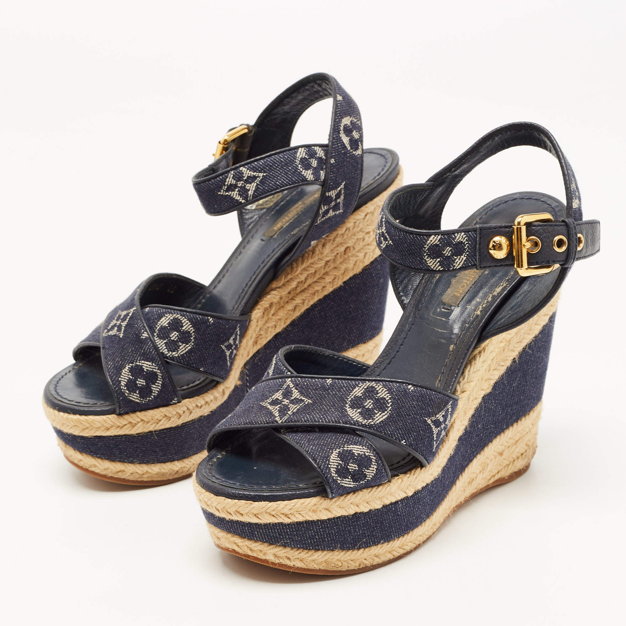 Louis Vuitton Blue Denim Formentera Ankle Strap Platform Wedge Sandals Size 36