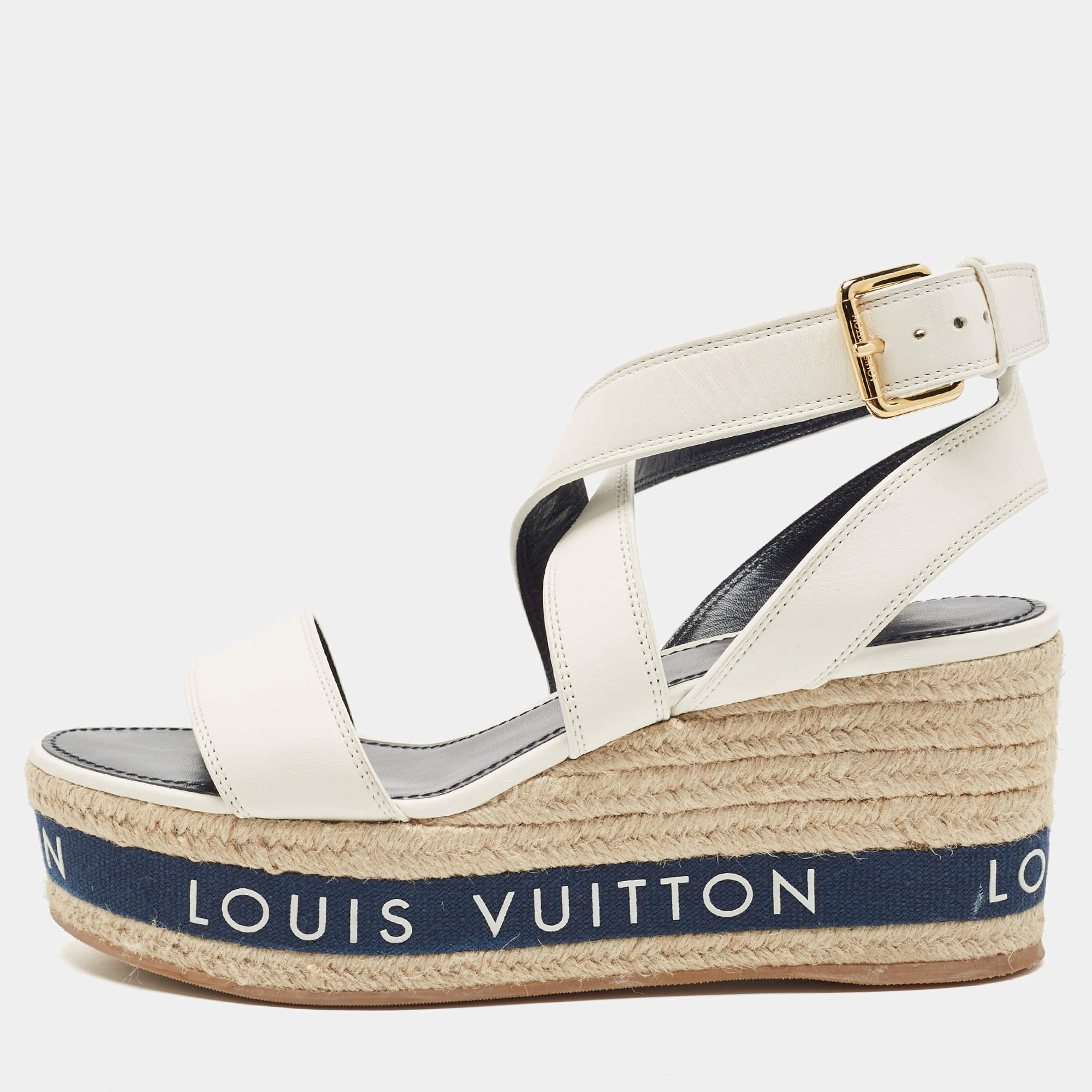 Louis Vuitton White Leather Wedge Ankle Sandals Size 41