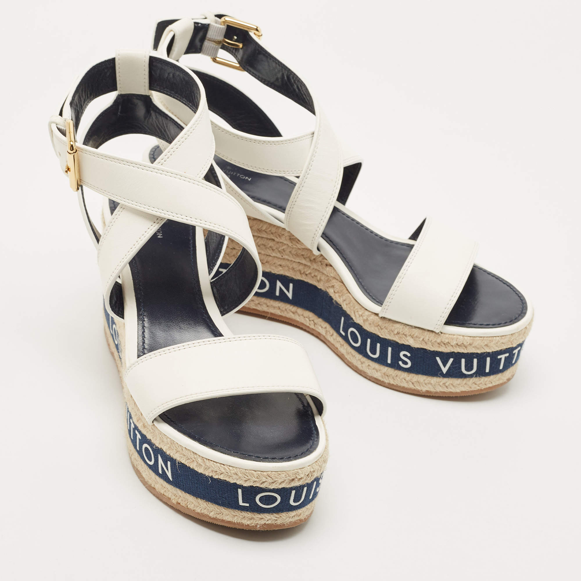 Louis Vuitton White Leather Wedge Ankle Sandals Size 41 Louis