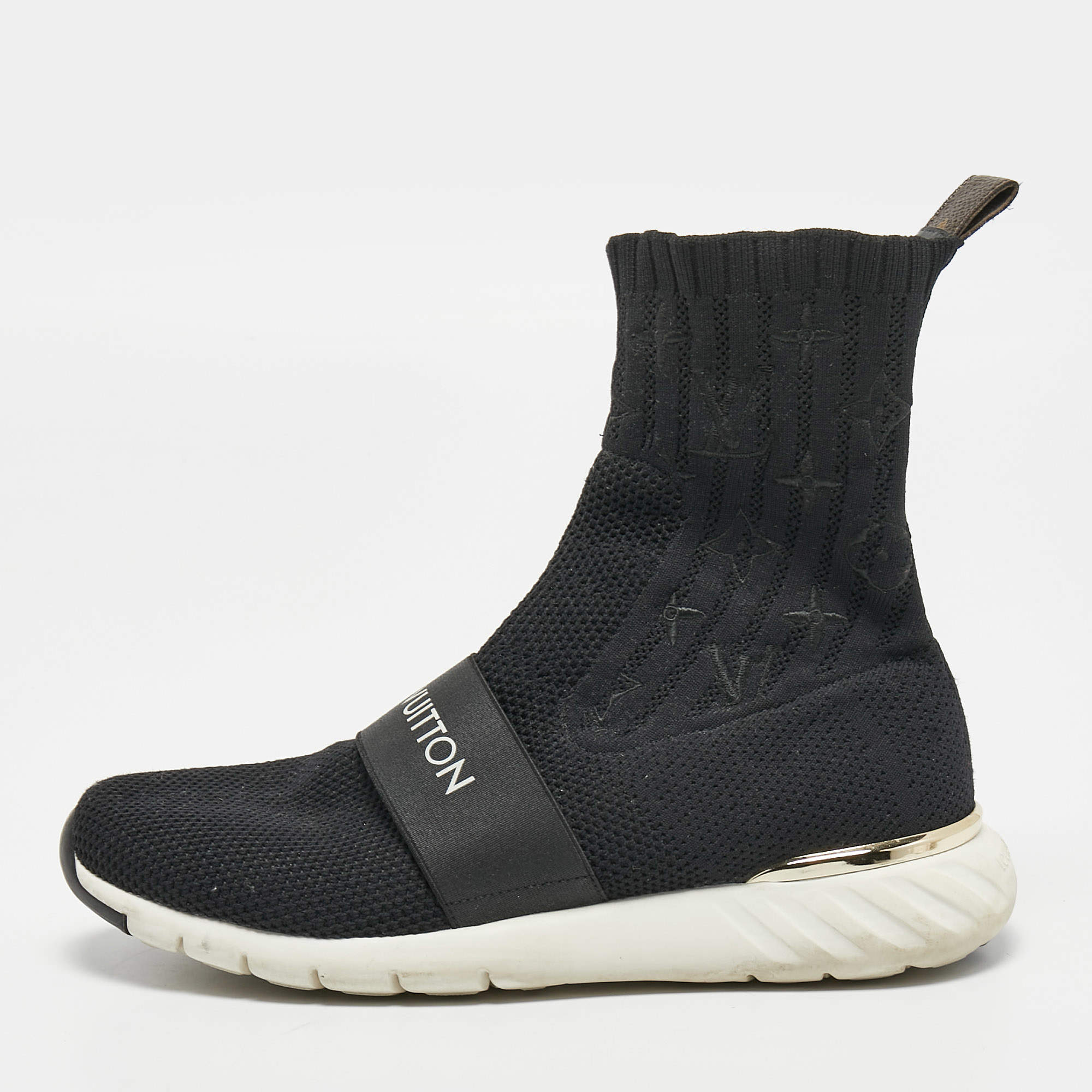 Pre Owned Louis Vuitton Black Knit Fabric Sock High Top Sneakers Size 38