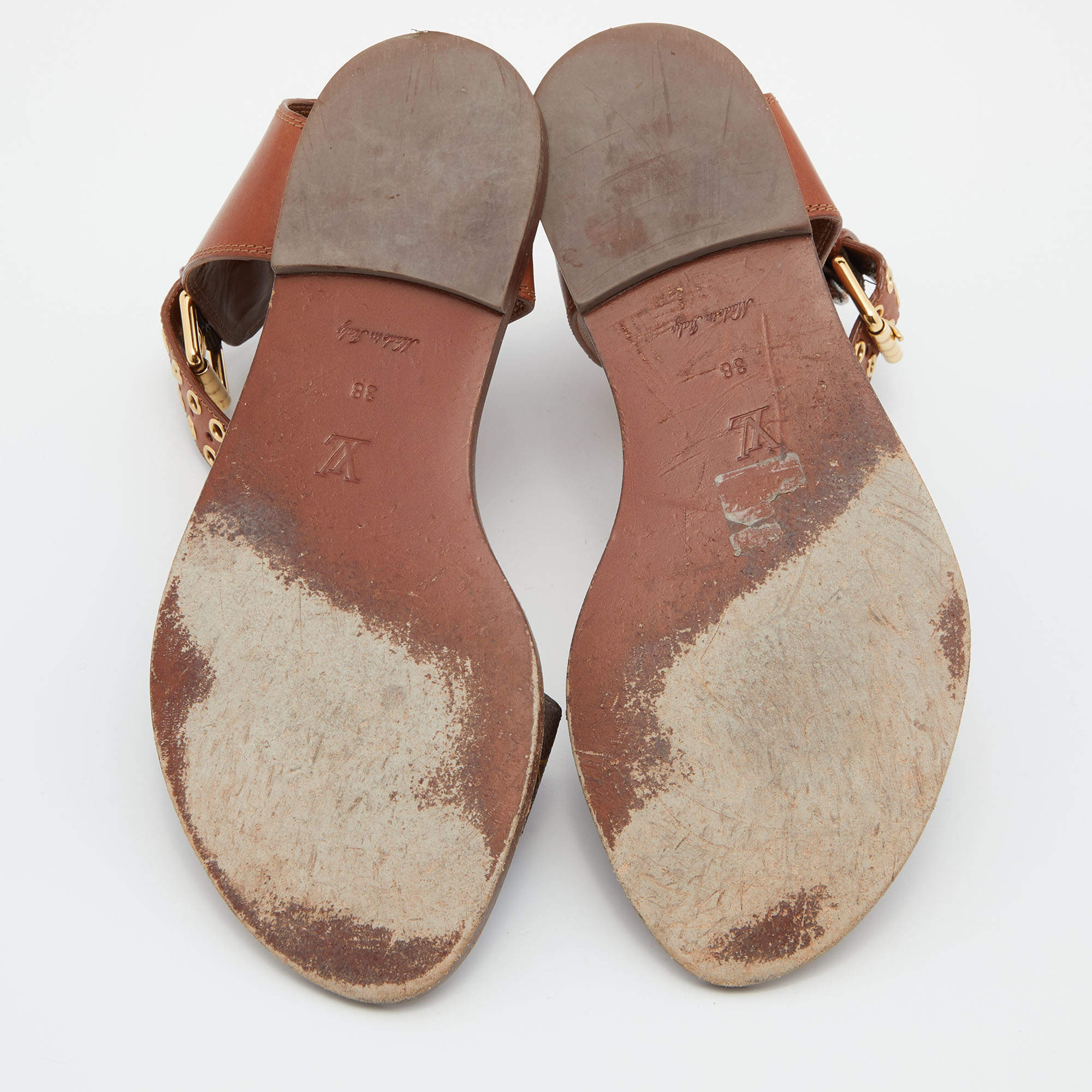 LOUIS VUITTON brown leather and monogram PASSENGER Flat Sandals Shoes 38 at  1stDibs