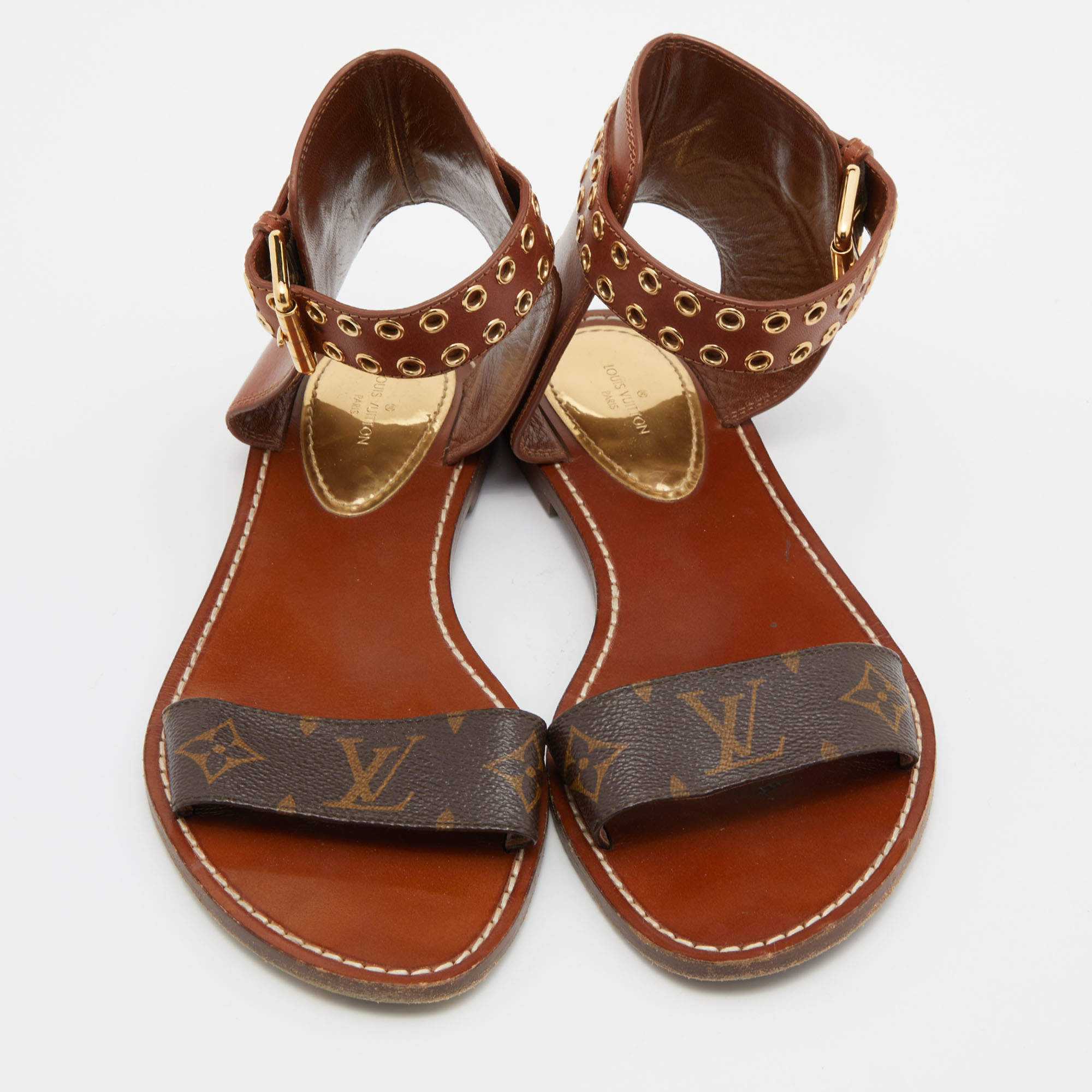 Louis Vuitton Brown Suede And Leather T Strap Flat Sandals Size 38 Louis  Vuitton