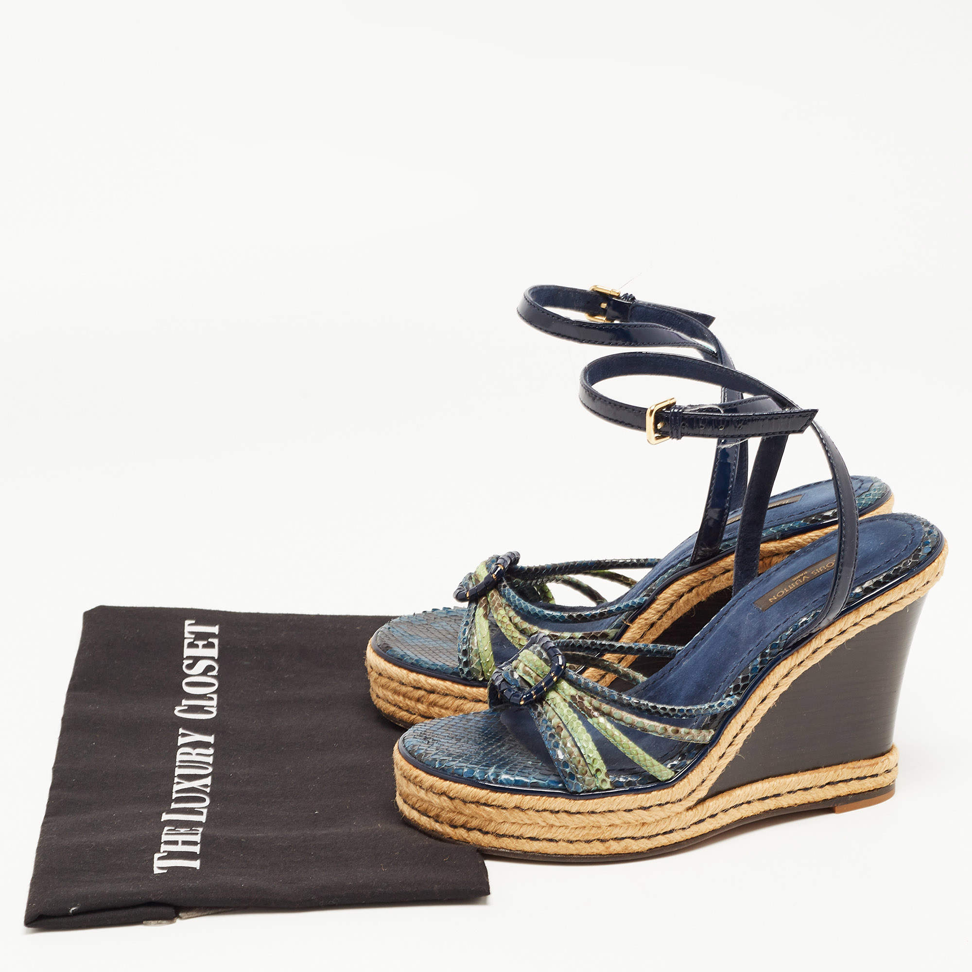 Louis Vuitton Navy Blue/Green Snakeskin and Patent Leather Wedge