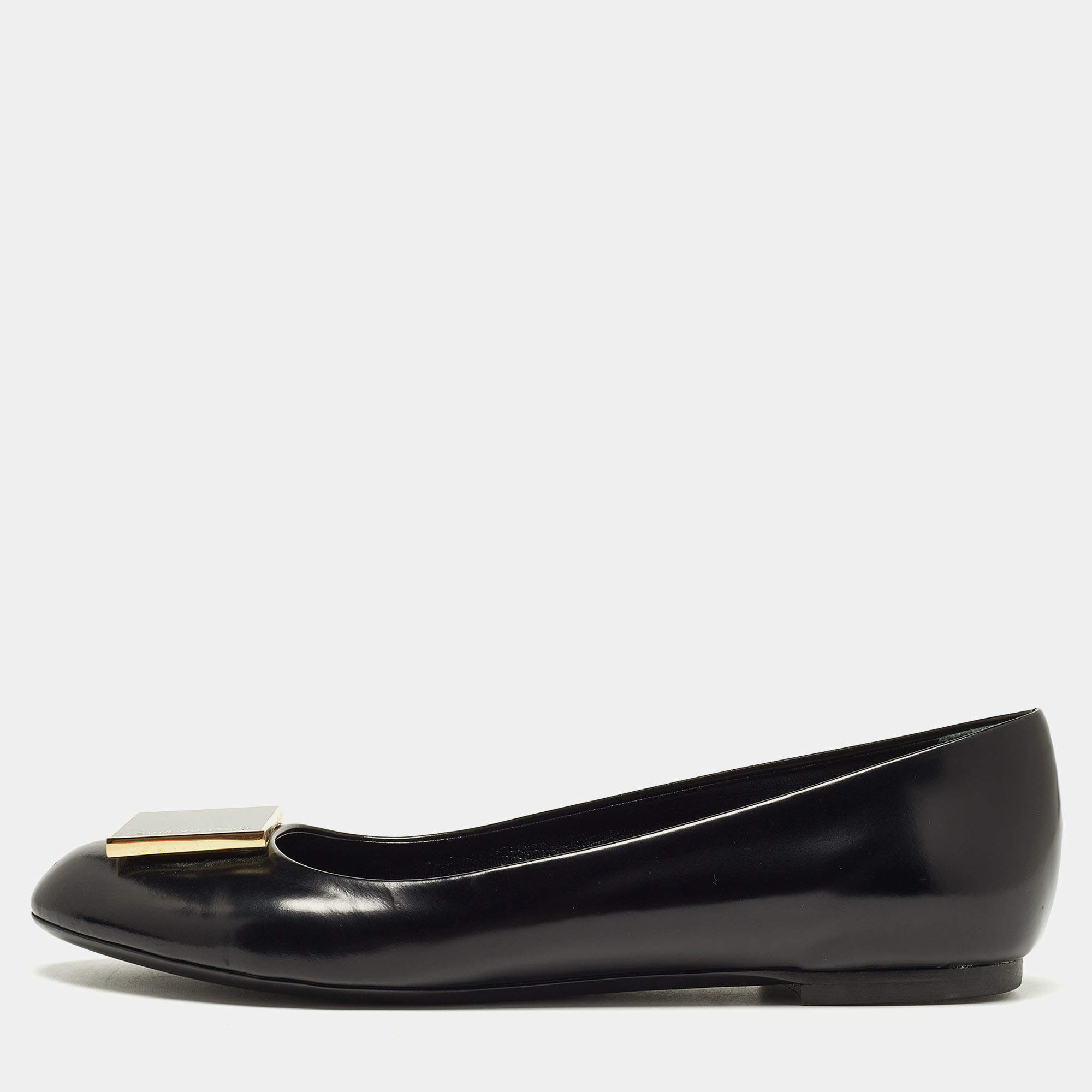 Pre Owned Louis Vuitton Black Leather Square Detail Ballet Flats Size 37