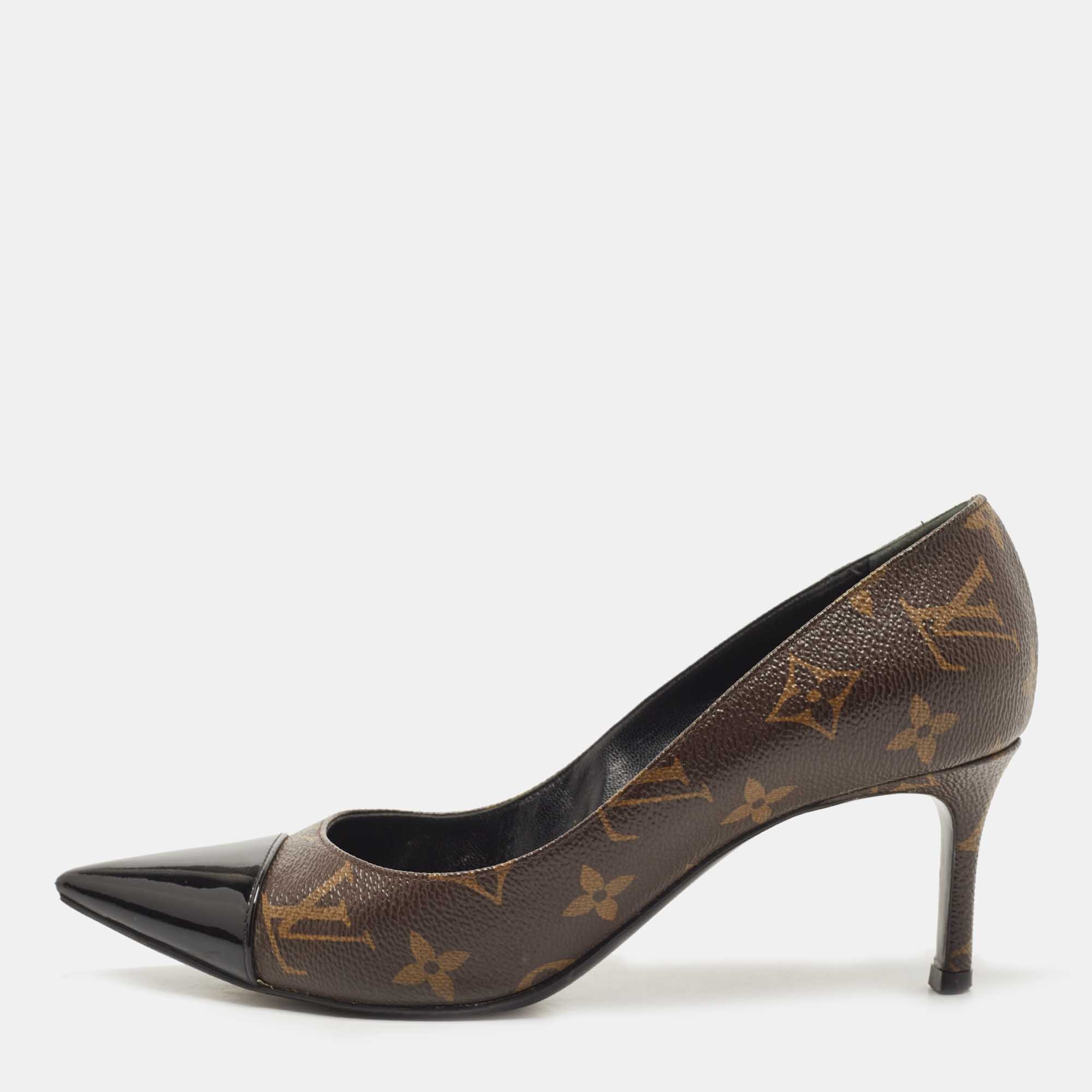 Pre Owned Louis Vuitton Brown Monogram Canvas and Patent Fetish Pumps Size 36