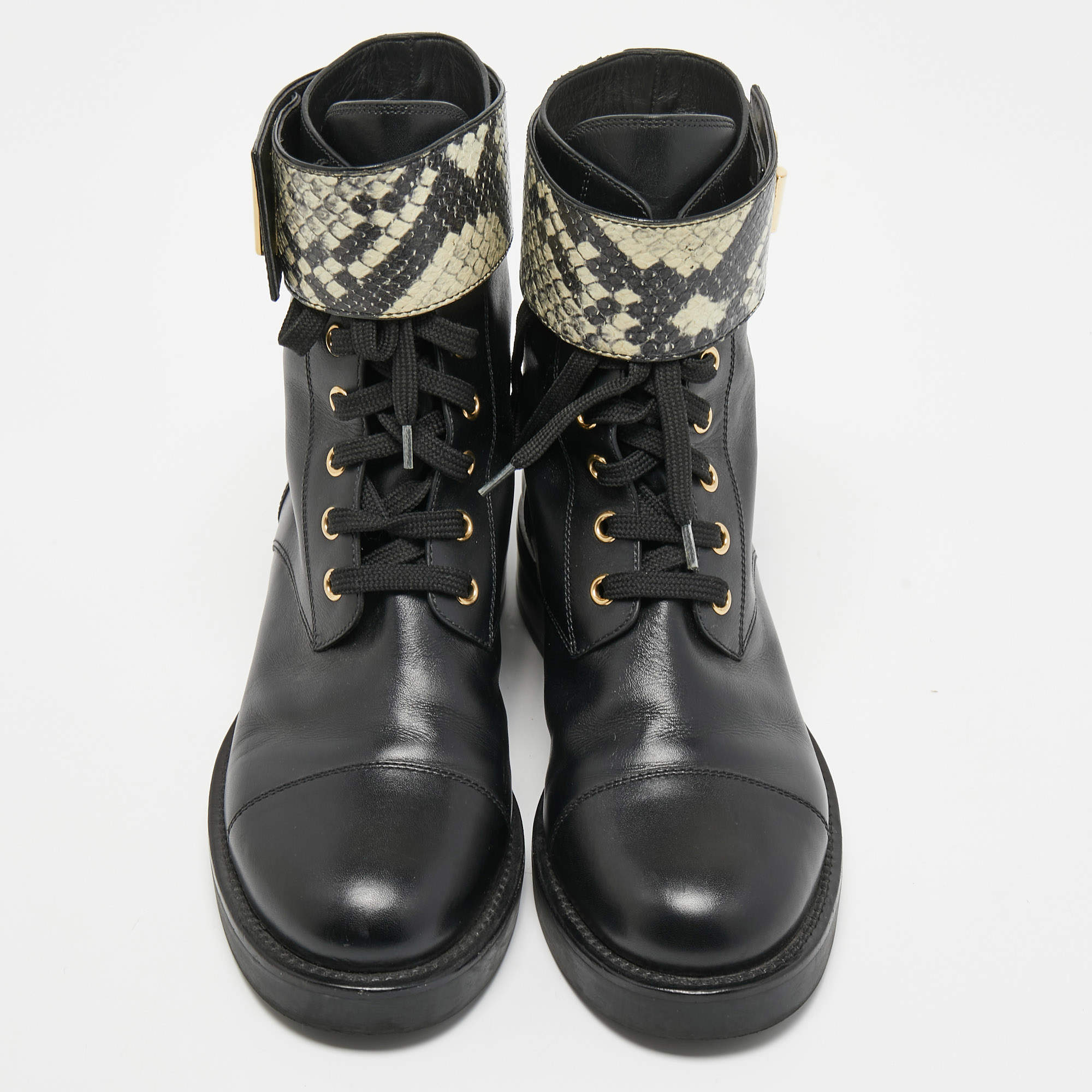 Louis Vuitton Black/Beige Leather and Python Wonderland Flat Ranger Boots  Size 37 Louis Vuitton