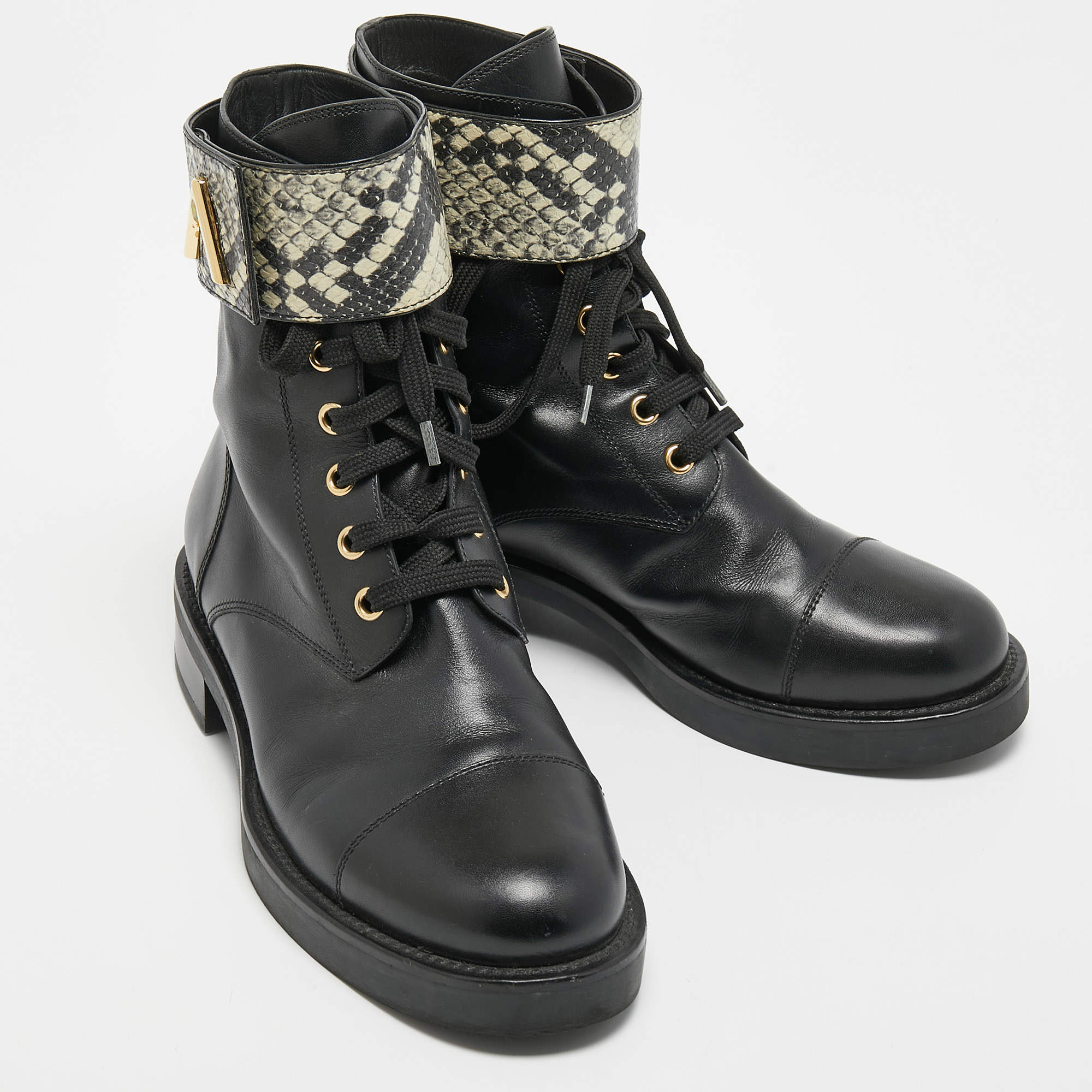 Louis Vuitton Black/Beige Leather and Python Wonderland Flat Ranger Boots Size 37