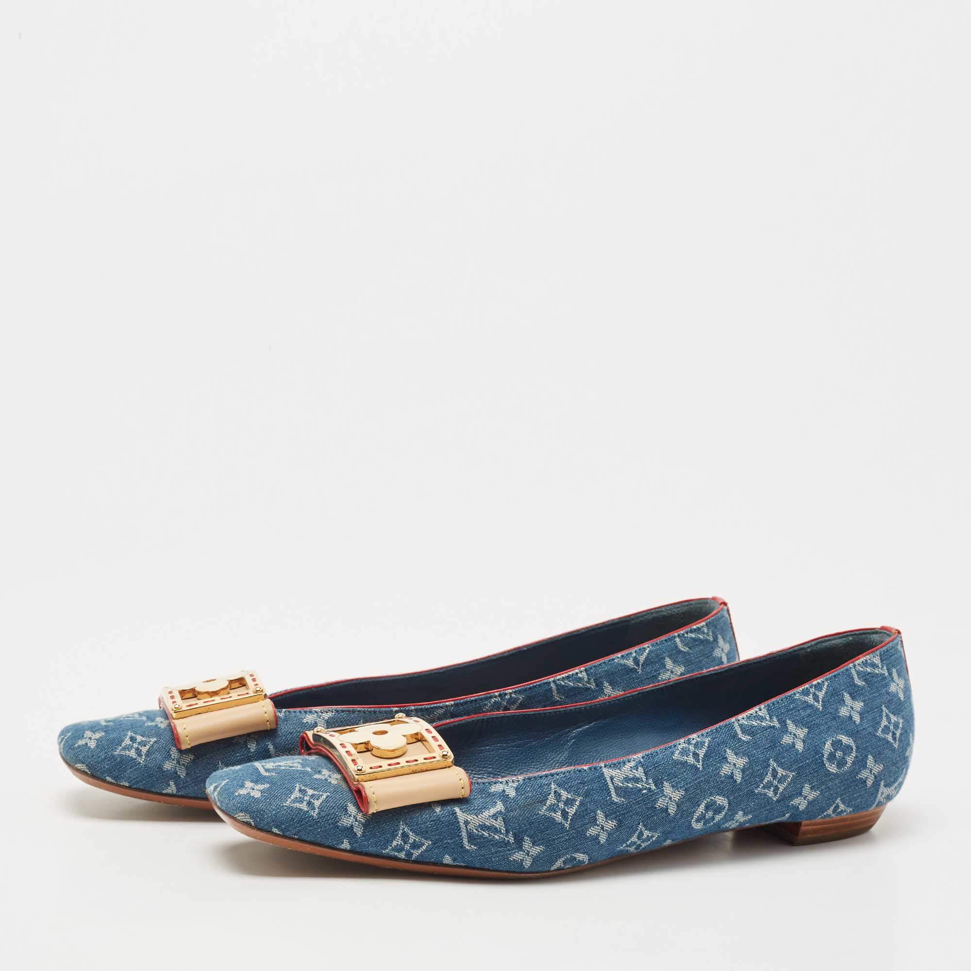 Louis Vuitton Blue Monogram Denim Bow Slides Size 38