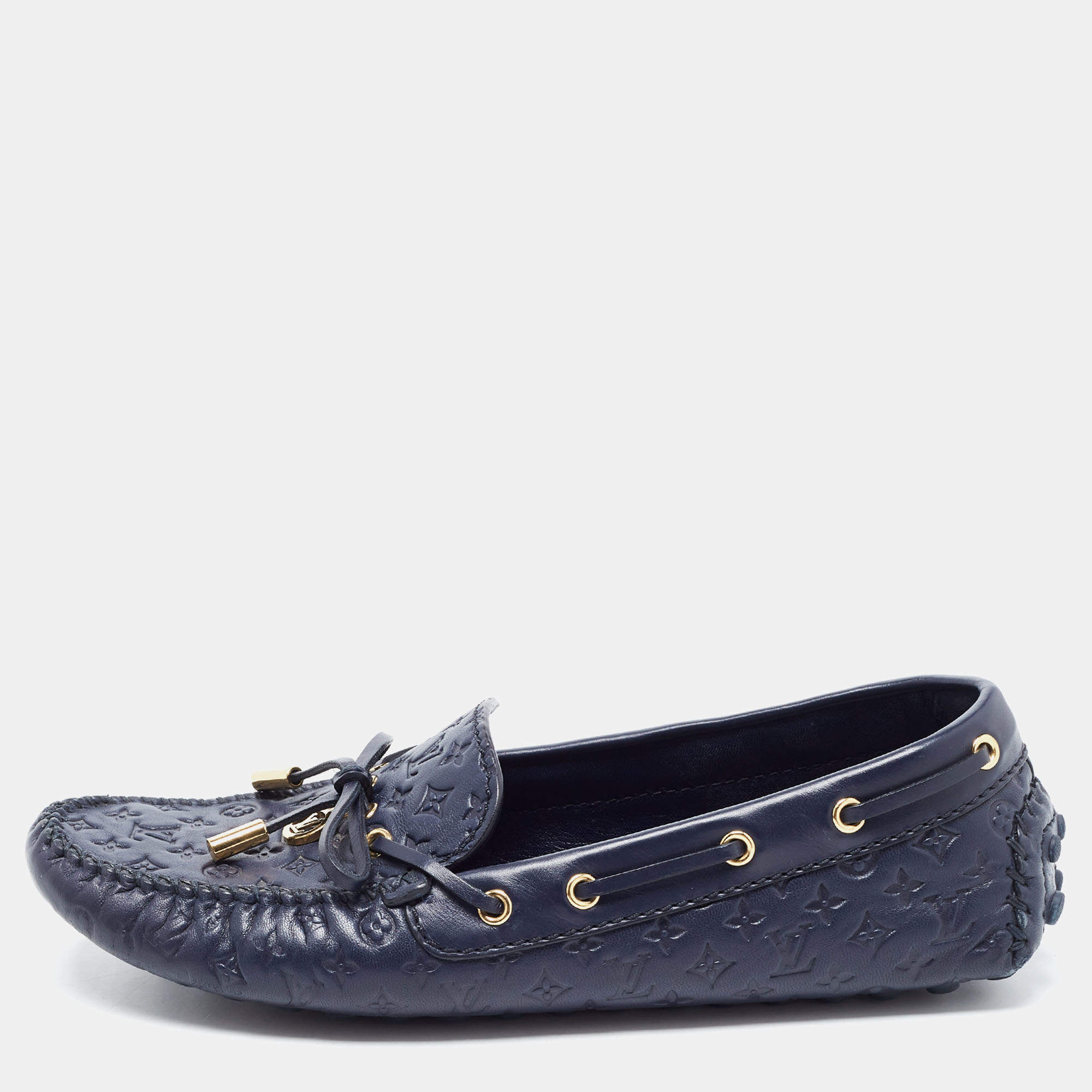 مملوكة مسبقًا Louis Vuitton Navy Blue Leather Gloria Bow Slip On Loafers Size 39