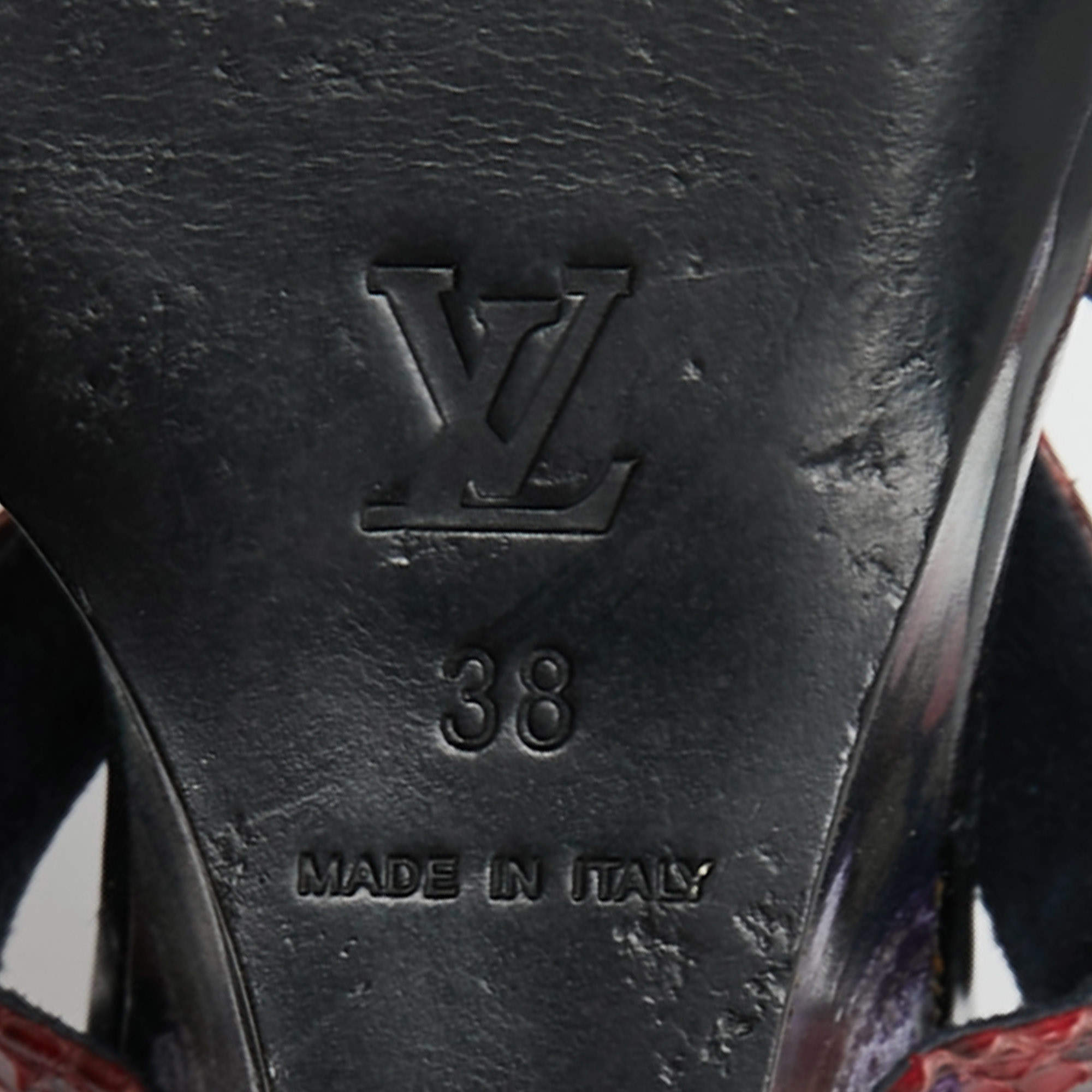 Louis Vuitton Dark Red/Navy Blue Snakeskin and Velvet Cross Ankle Strap  Wedge Sandals Size 38 Louis Vuitton