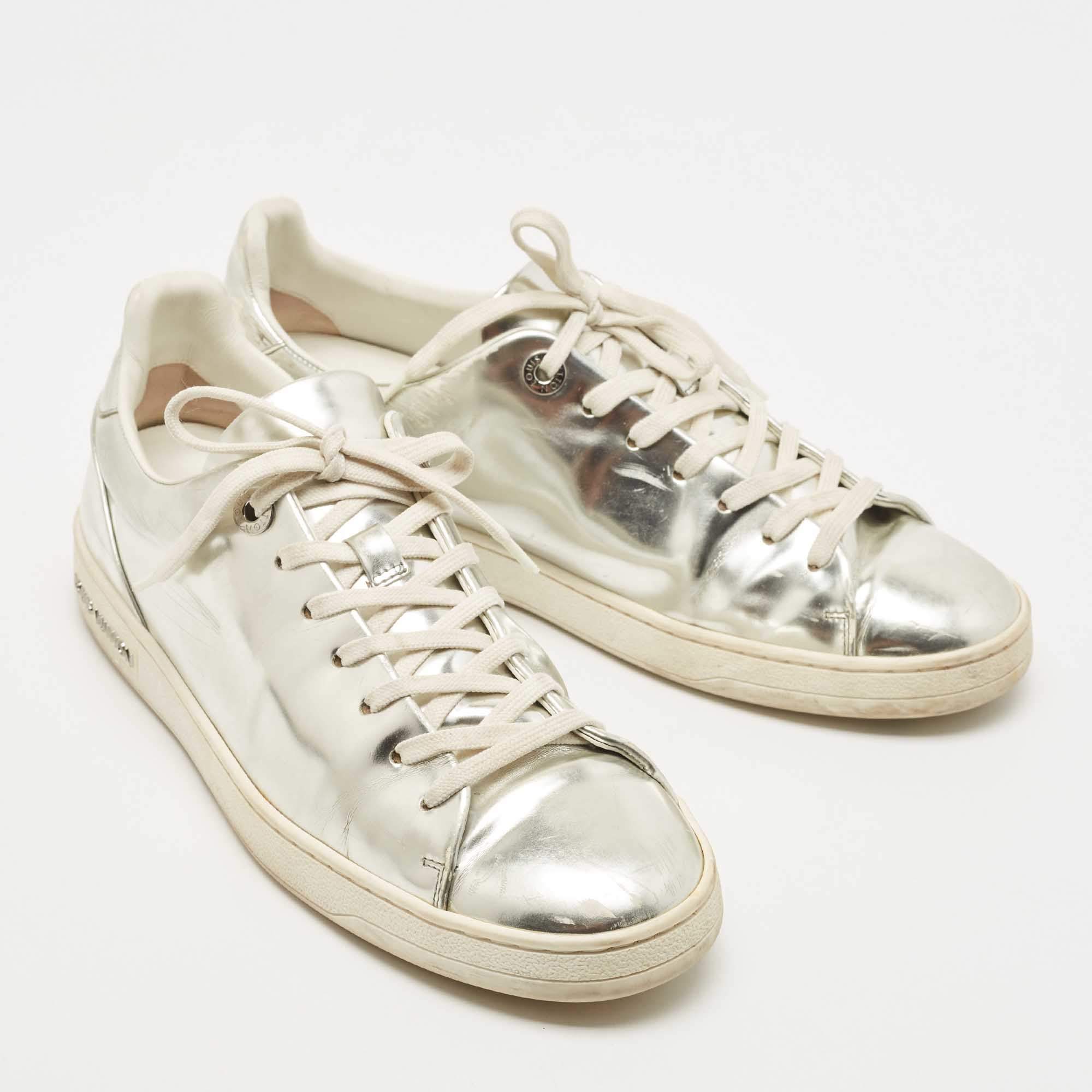 LOUIS VUITTON Front Low Line Glitter Sneakers Leather 38.5 Silver