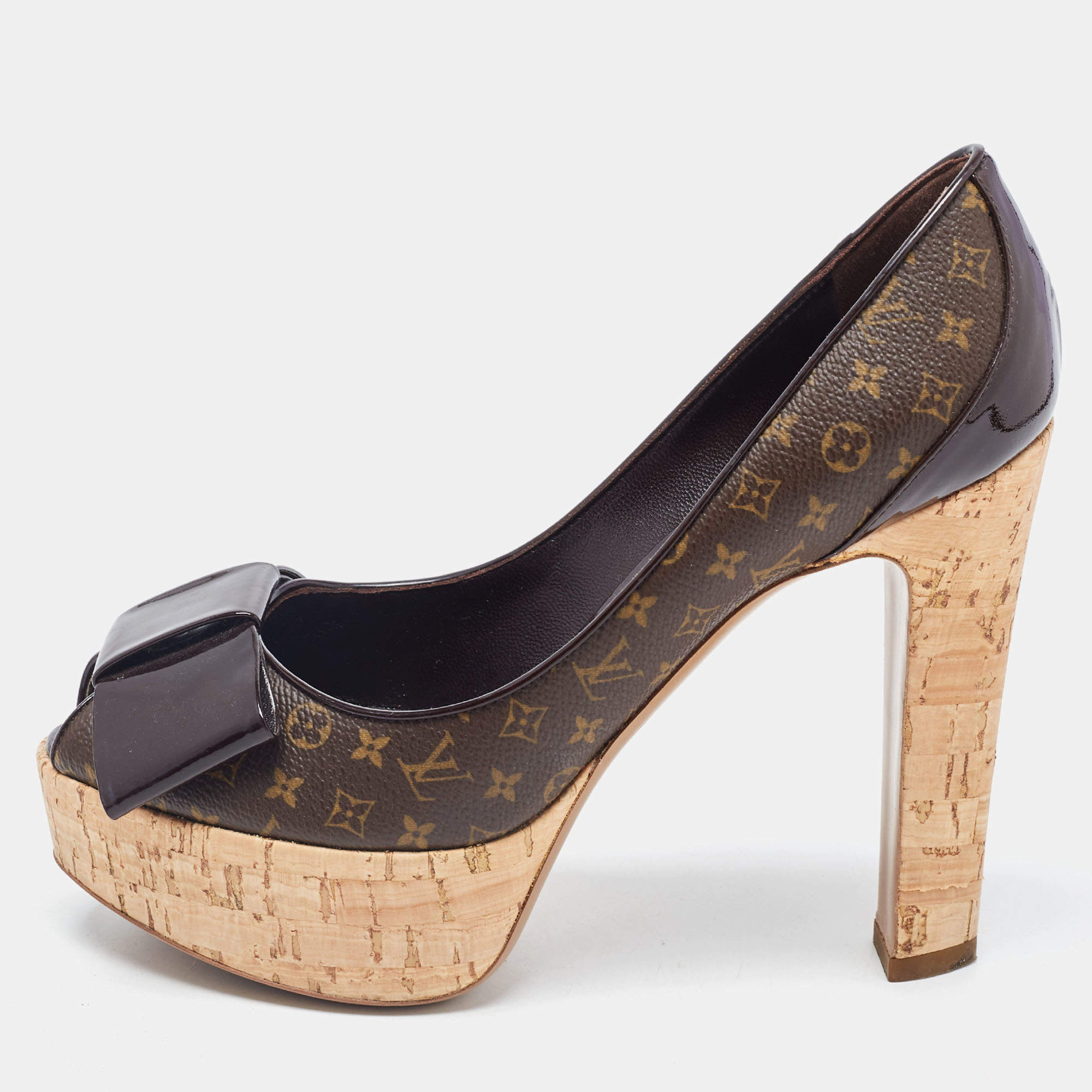 Pre Owned Louis Vuitton Brown Monogram Canvas and Leather Peep Toe Pumps Size 37