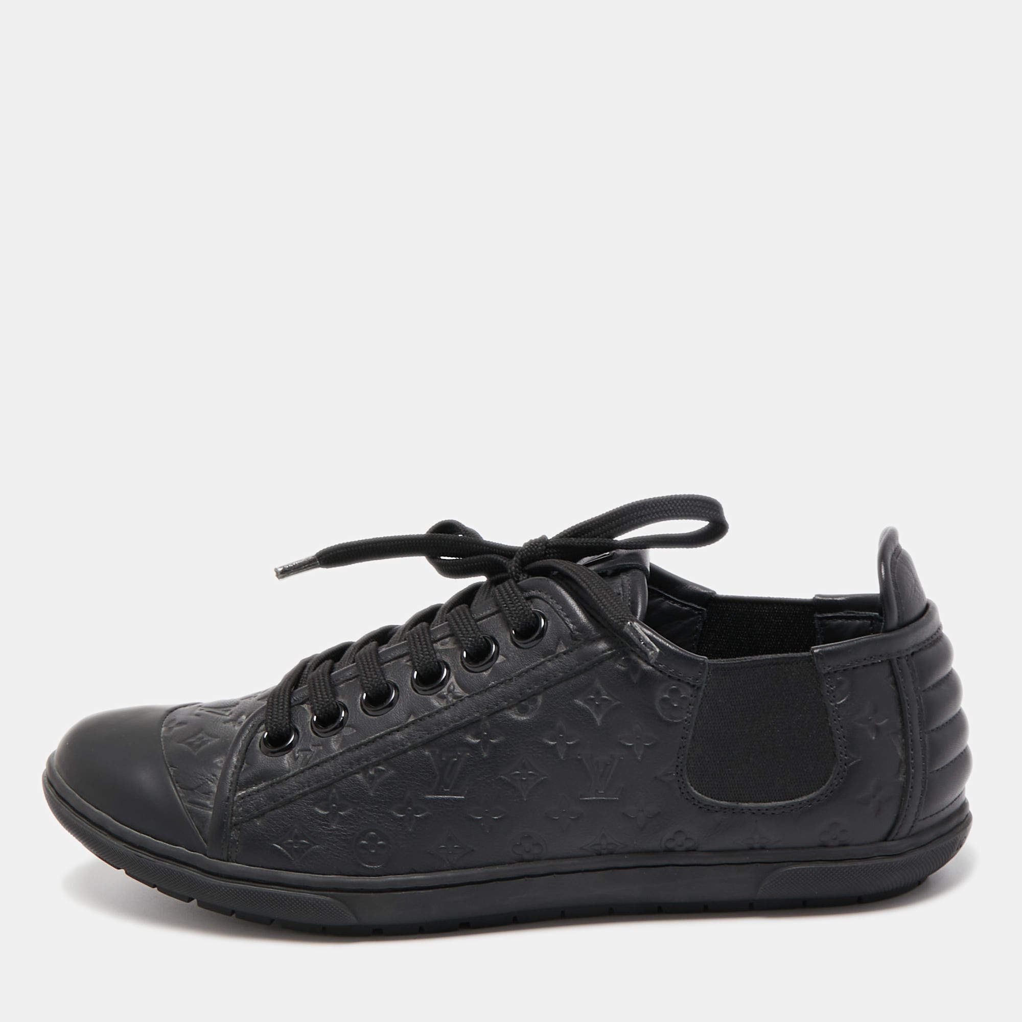 Louis Vuitton Black Monogram Leather Low Top Sneakers Size 38