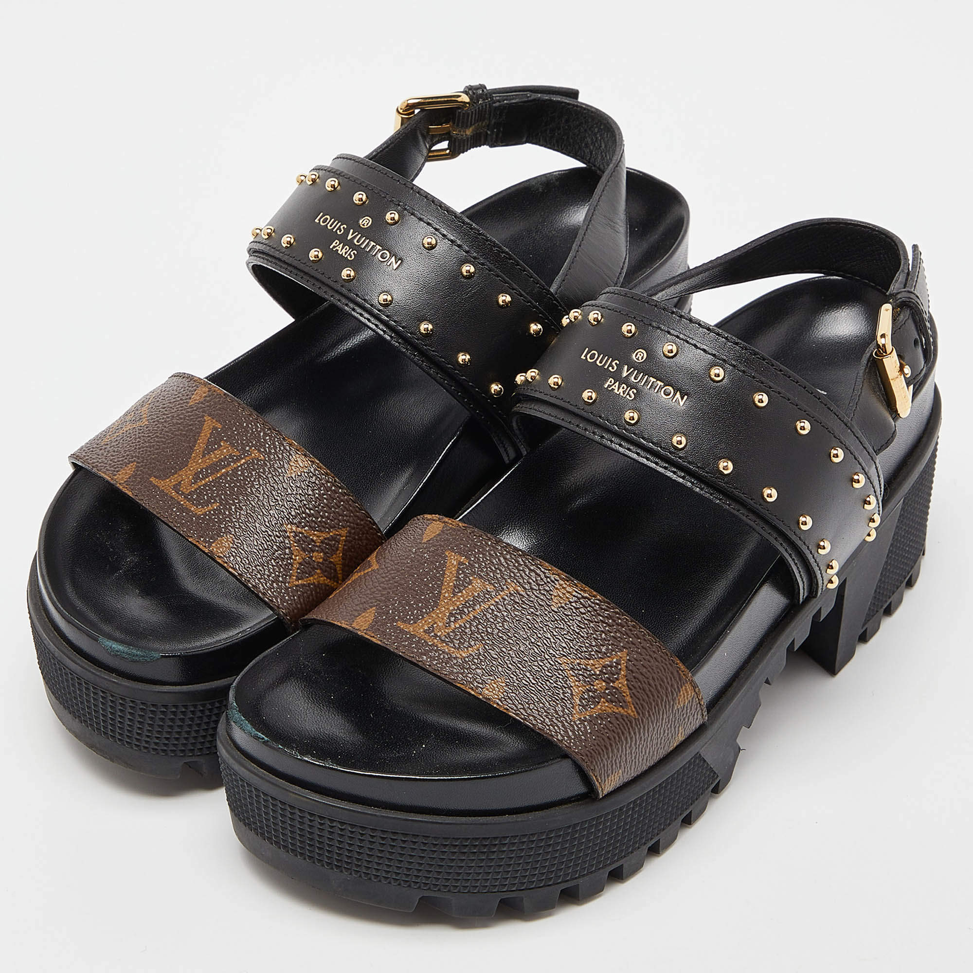 Louis Vuitton Brown/Black Monogram Canvas and Leather Laureate Platform  Sandals Size 36.5 - ShopStyle