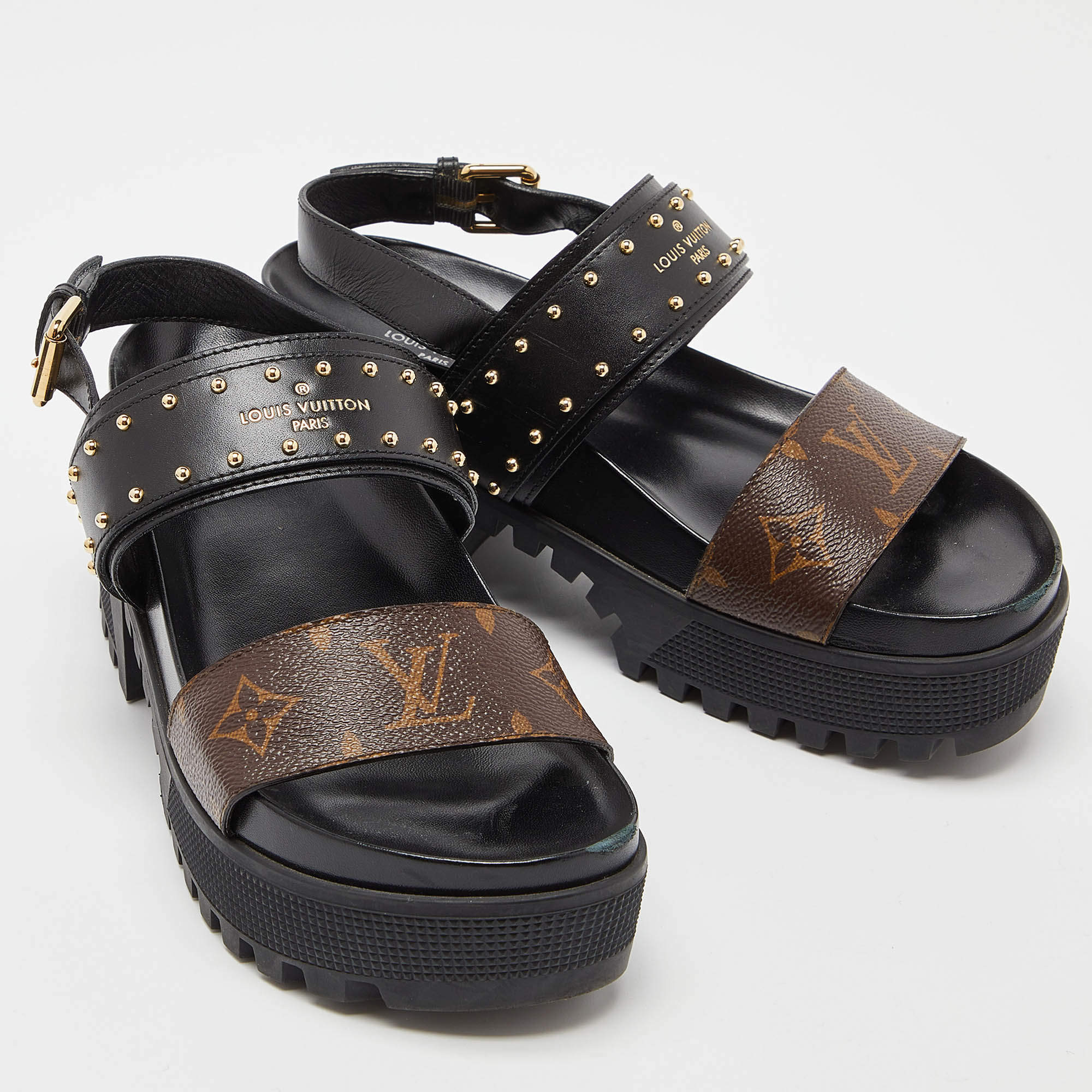 Louis Vuitton Brown/Black Monogram Canvas and Leather Laureate Platform Sandals Size 36.5