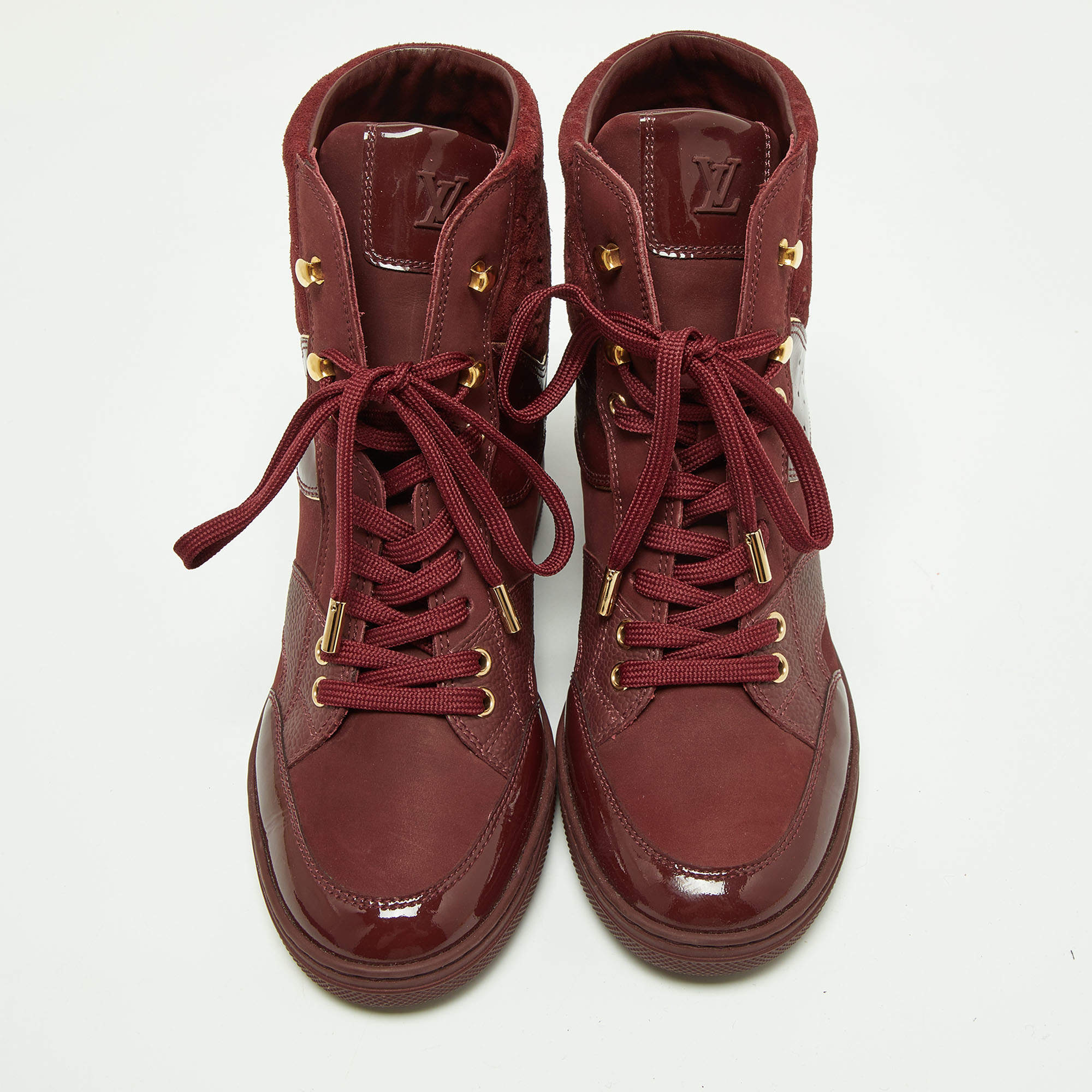 Louis Vuitton Burgundy Monogram Suede and Leather Millennium Wedge Sneakers Size 37