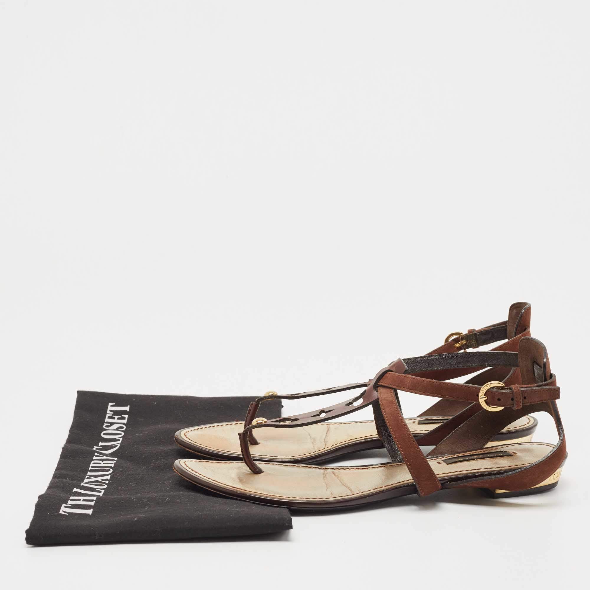 Louis Vuitton Brown Leather Ankle Strap Flat Sandals Size 37