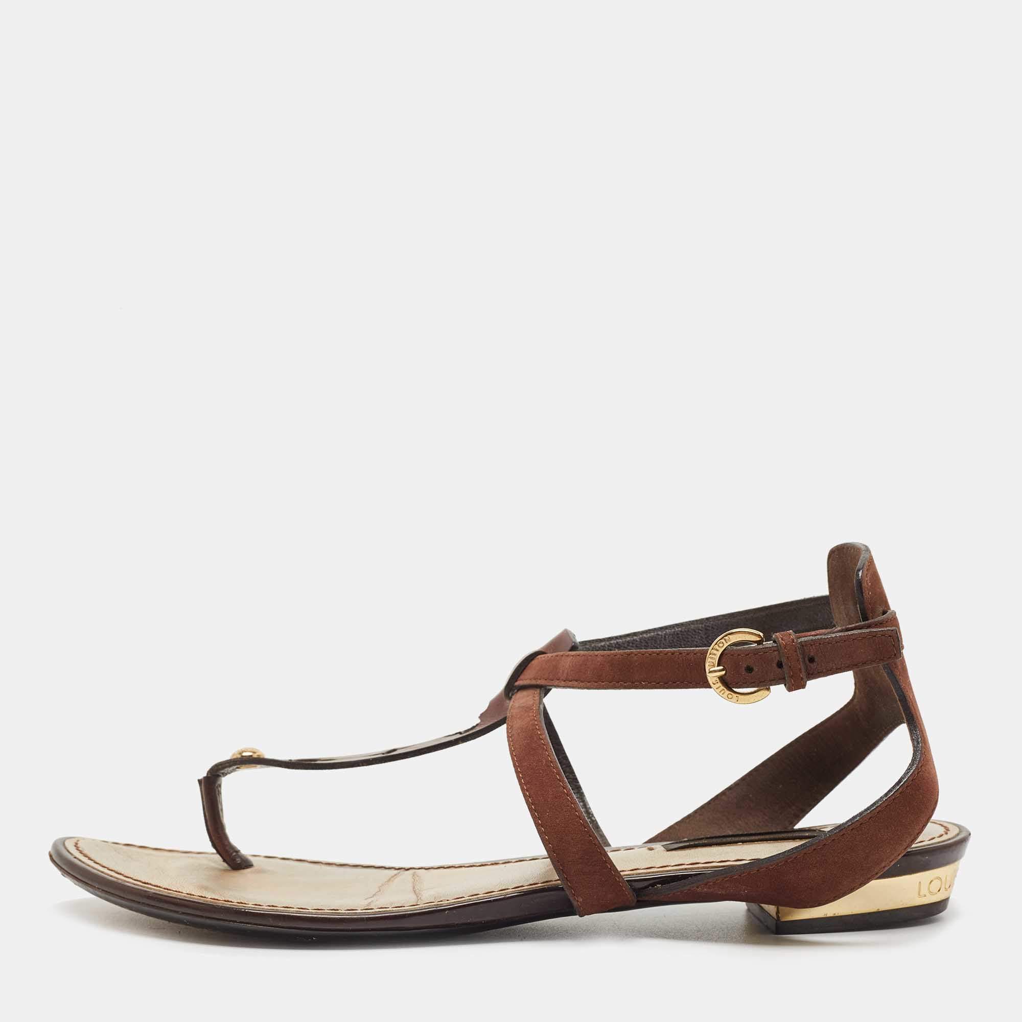 Louis Vuitton Brown Leather Ankle Strap Flat Sandals