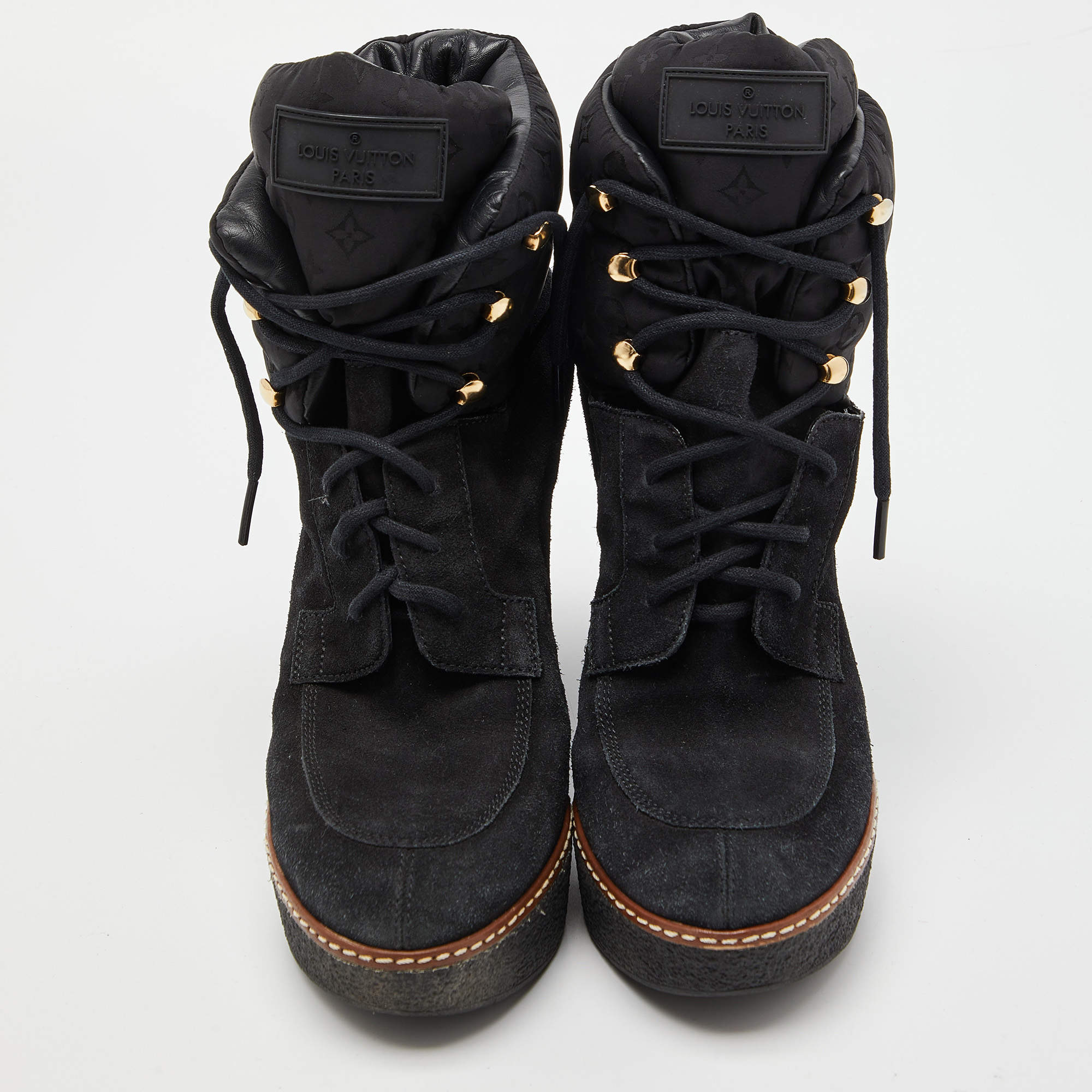 Louis Vuitton Black Suede and Monogram Fabric Wedge Ankle Boots