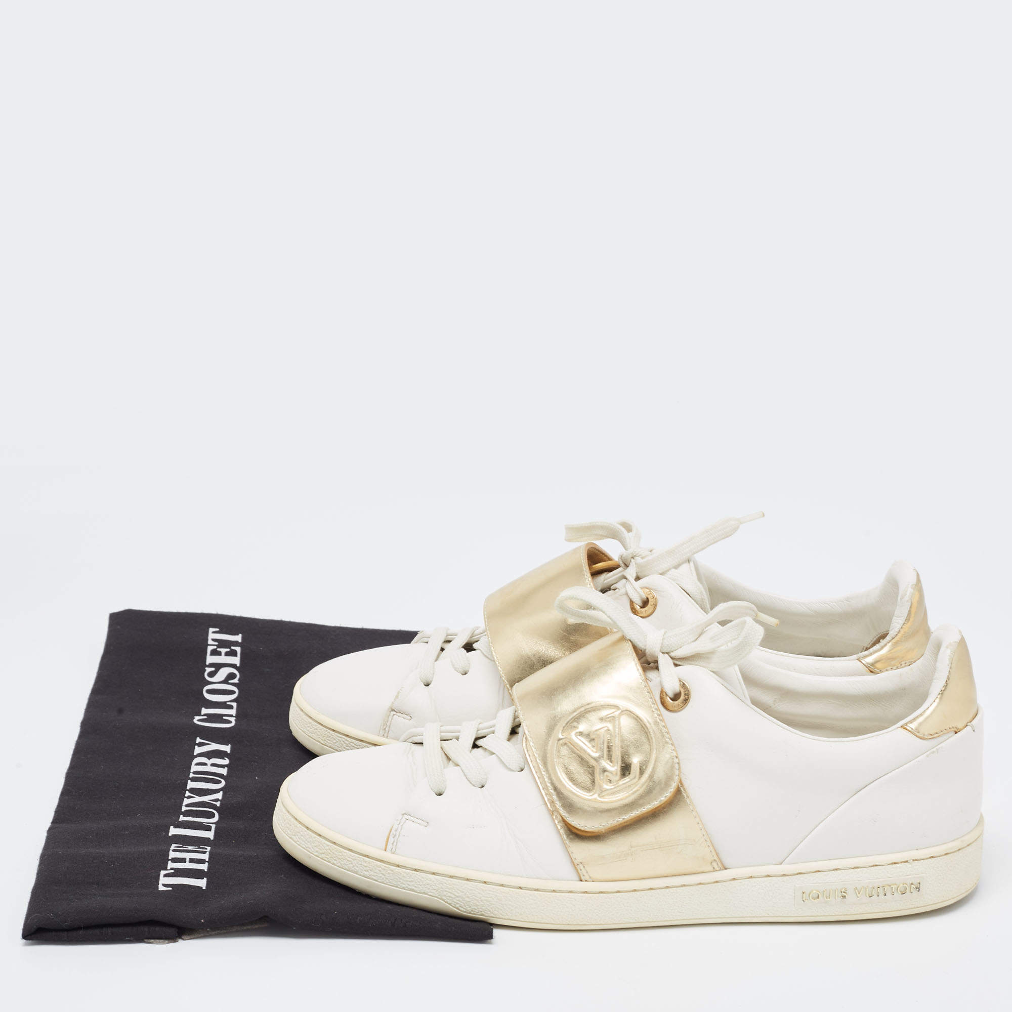 Louis Vuitton White/Gold Leather Frontrow Sneakers Size 41 - ShopStyle