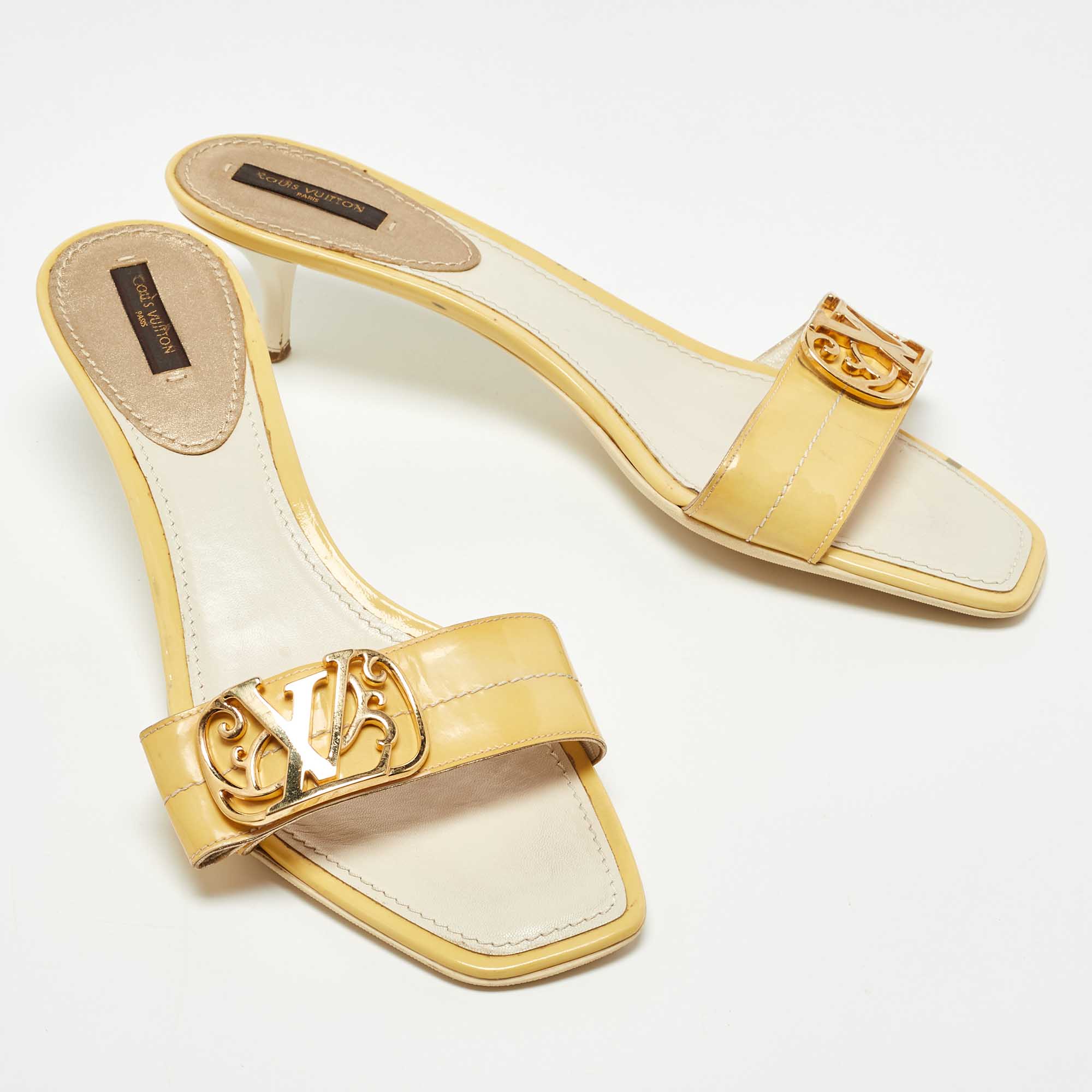 Pre Owned Louis Vuitton Yellow Patent Leather Slide Sandals Size 41