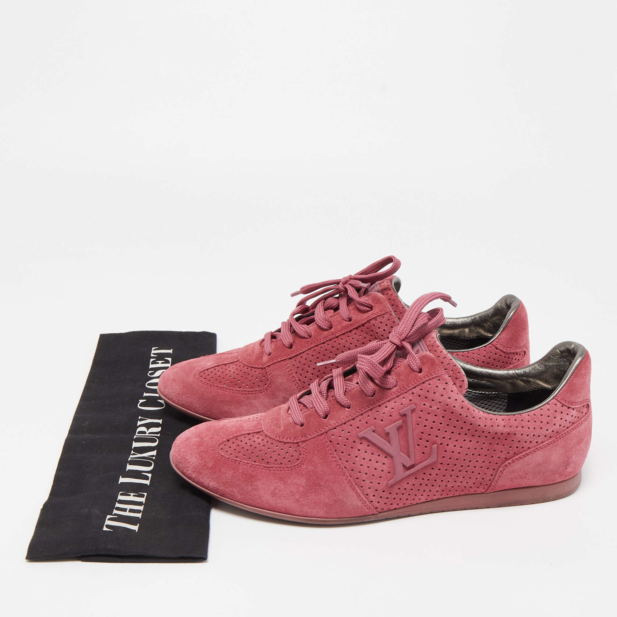 Louis Vuitton Pink Perforated Suede LV Logo Low-Top Sneakers Size