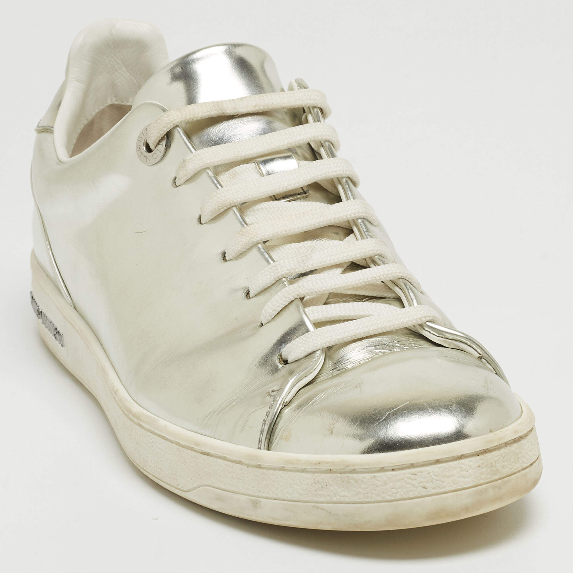 Louis Vuitton Silver Foil Leather Frontrow Low Top Sneakers Size 38 Louis  Vuitton