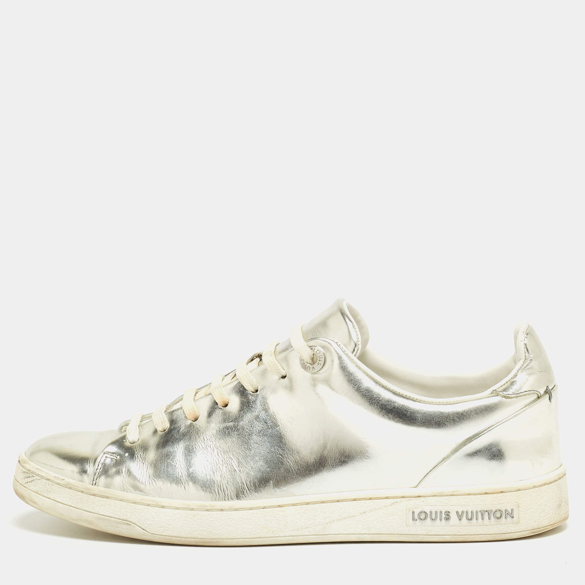Louis Vuitton Silver Foil Leather Frontrow Low Top Sneakers Size