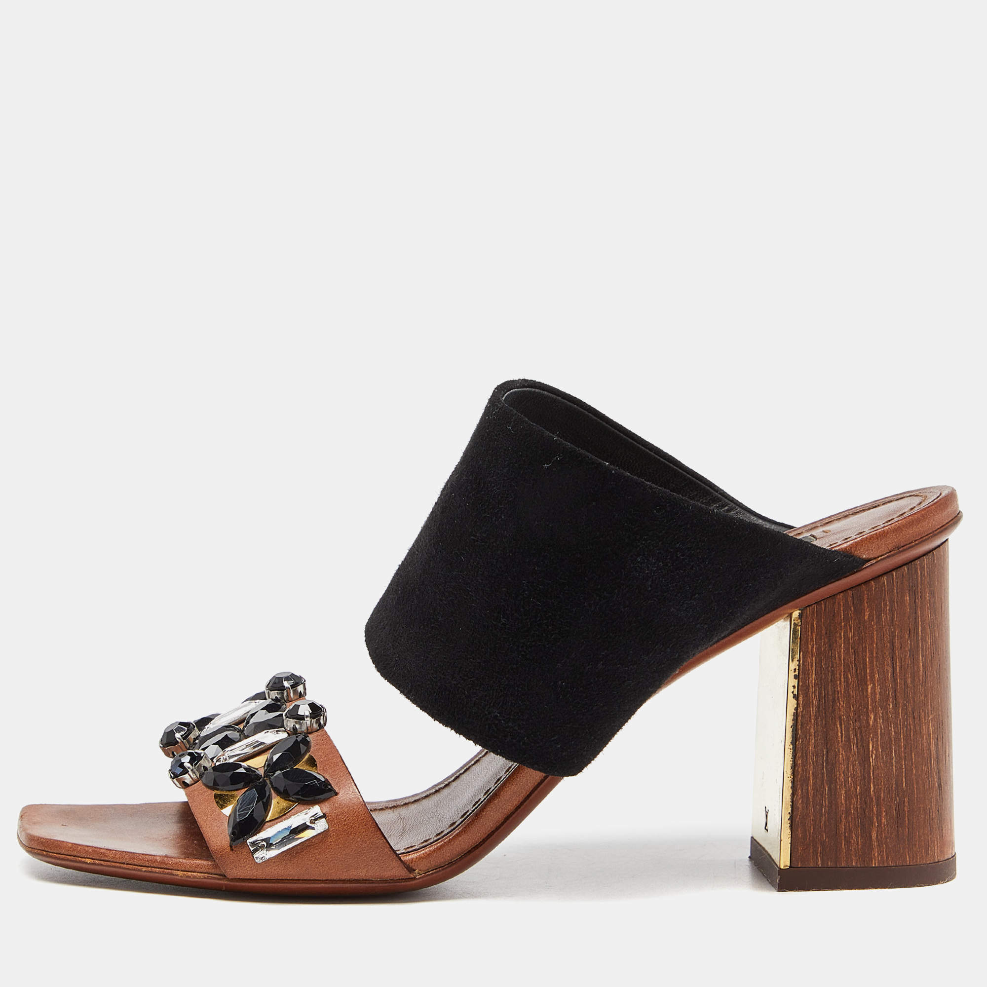 مملوكة مسبقًا Louis Vuitton Brown Suede and Leather Embellished Slide Sandals Size 38