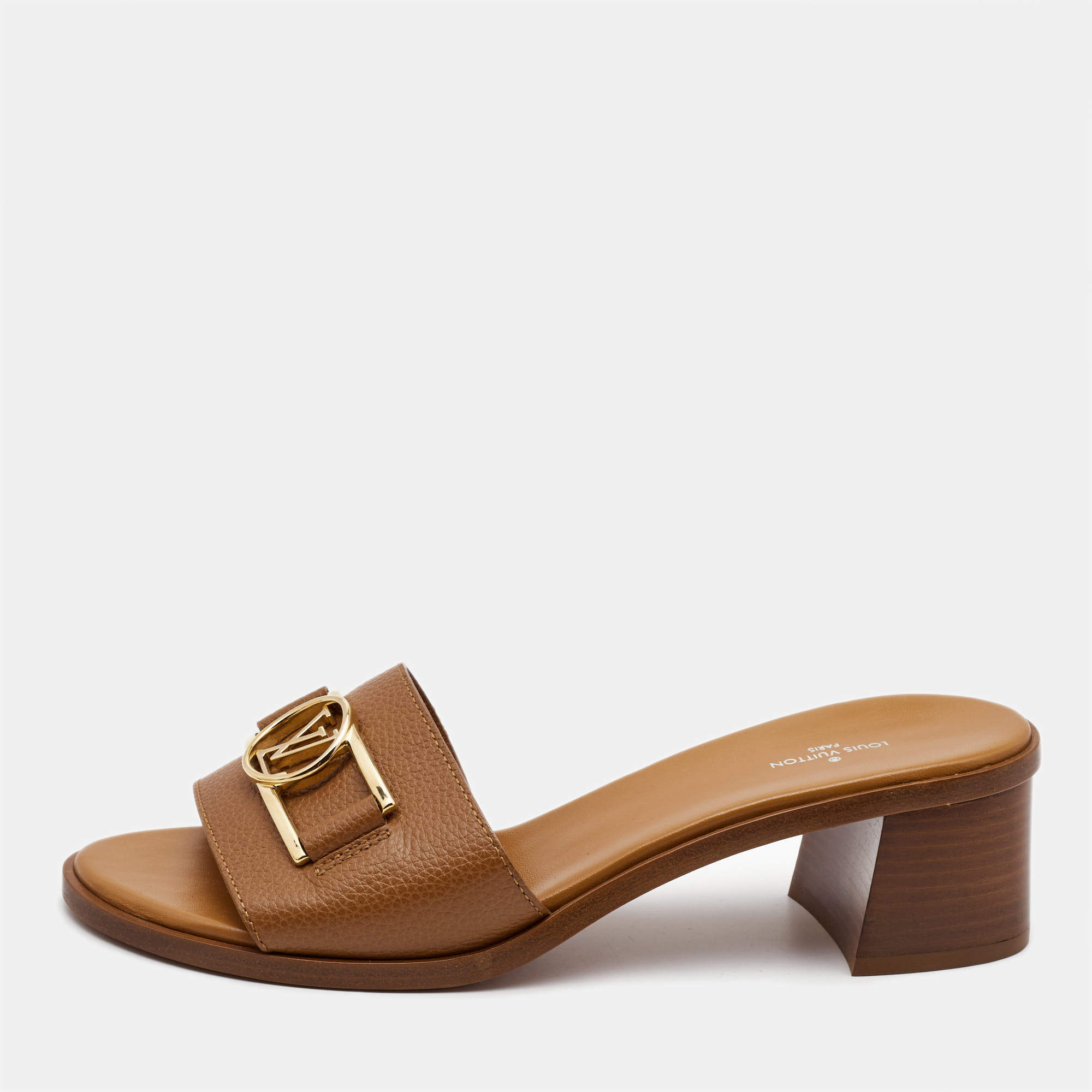 مملوكة مسبقًا Louis Vuitton Tan Leather Lock It Slide Sandals Size 40