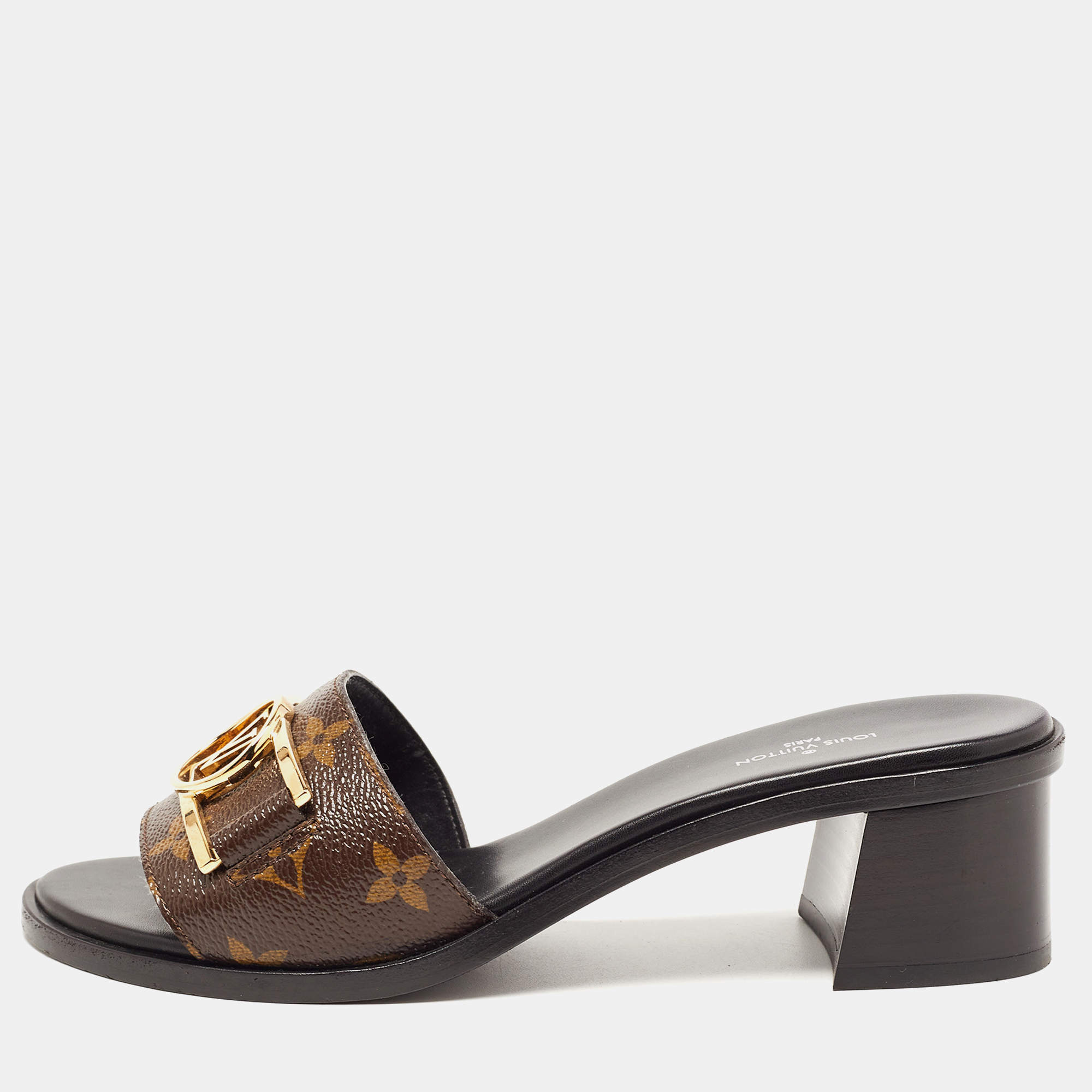 Pre Owned Louis Vuitton Brown Monogram Canvas Lock It Slide Sandals Size 37.5