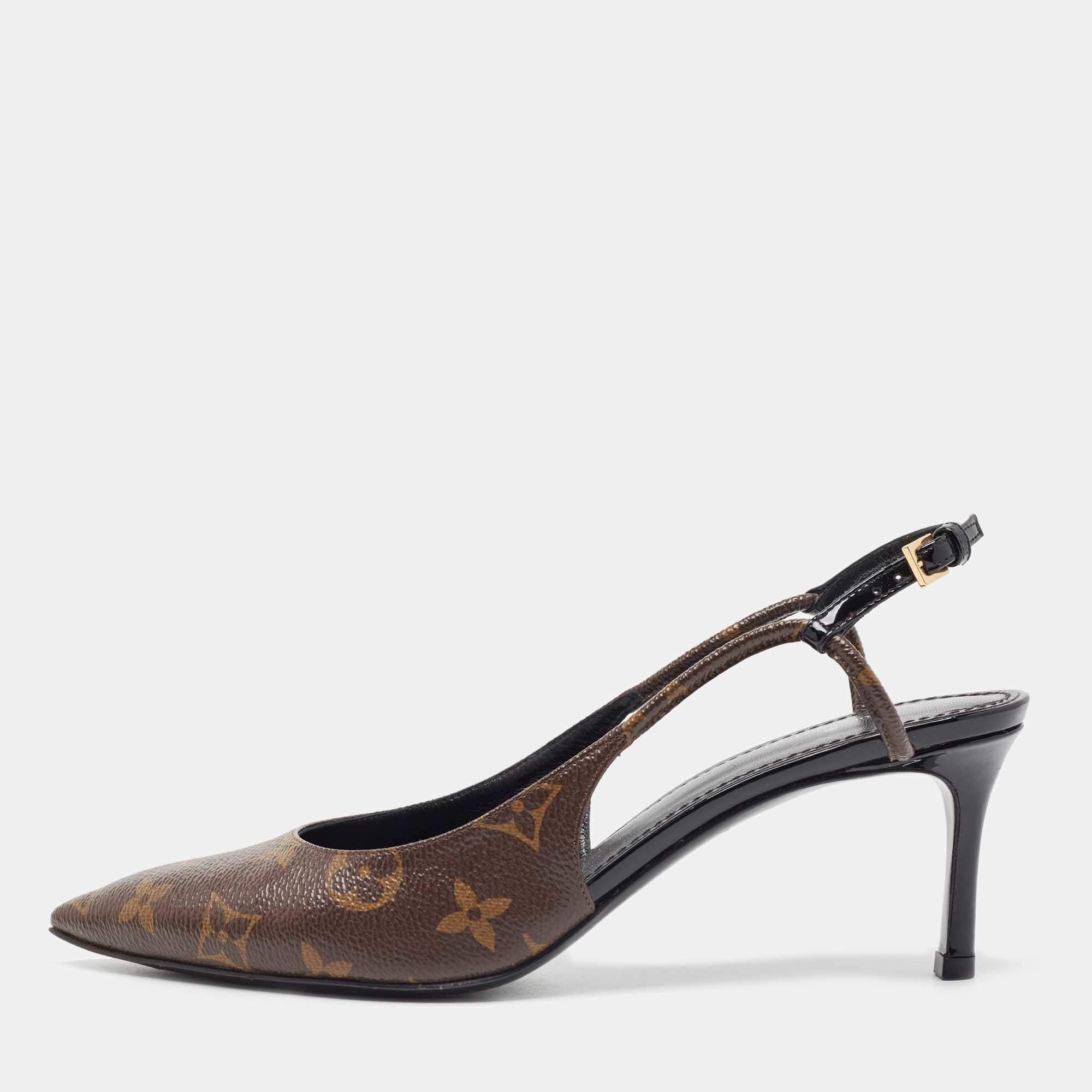 Pre Owned Louis Vuitton Brown Coated Canvas Cherie Slingback Pumps Size 38