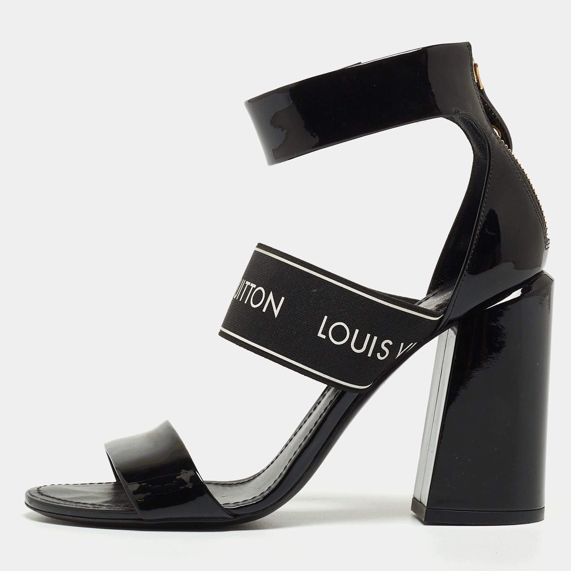 Louis Vuitton Black Patent Leather and Logo Elastic Ankle Strap Sandals Size 37.5