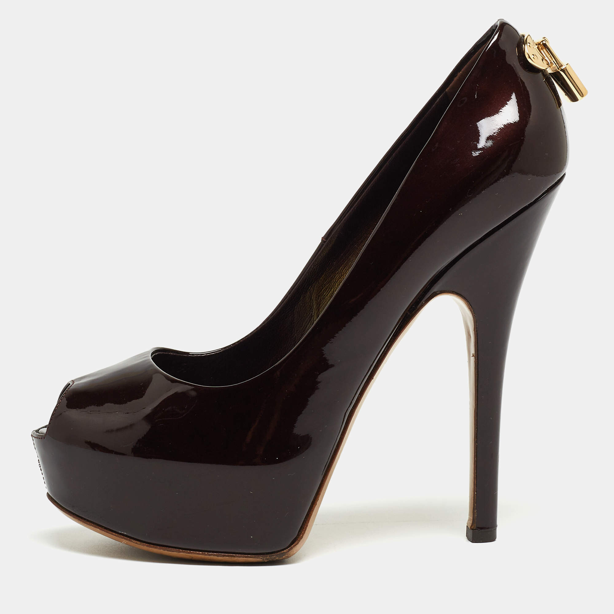 مملوكة مسبقًا Louis Vuitton Burgundy Patent Leather Oh Really! Peep Toe Platform Pumps Size 37.5