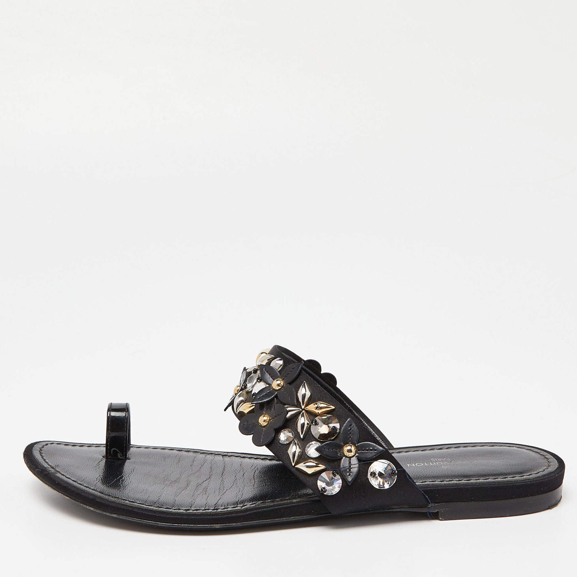 مملوكة مسبقًا Louis Vuitton Black Satin Embellished Flat Slides Size 37.5   
