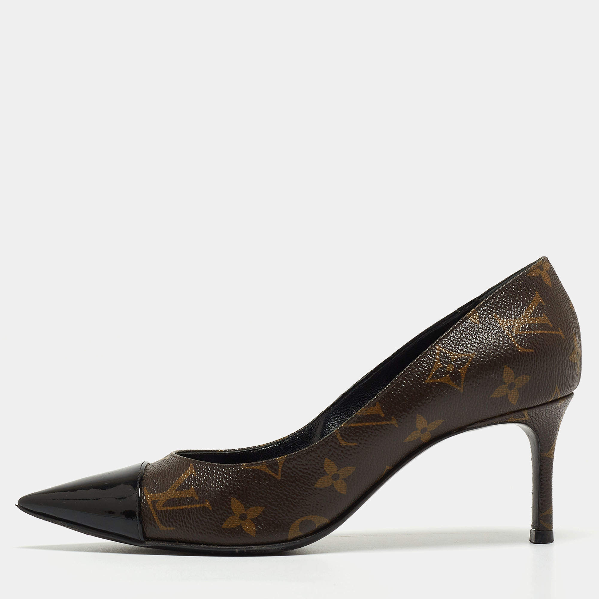 Pre Owned Louis Vuitton Brown Monogram Canvas and Black Patent Leather Cap Toe Fetish Pointed-Toe Pumps Size 37