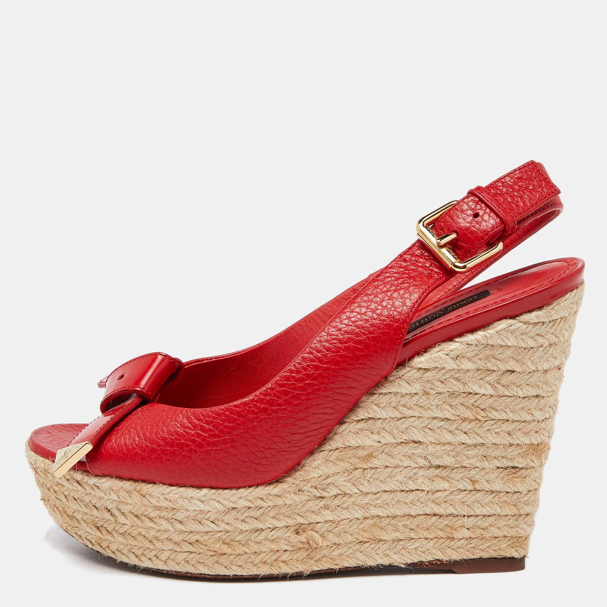 Pre Owned Louis Vuitton Red Leather Bow Open Toe Espadrille Wedge Platform Pumps Size 37