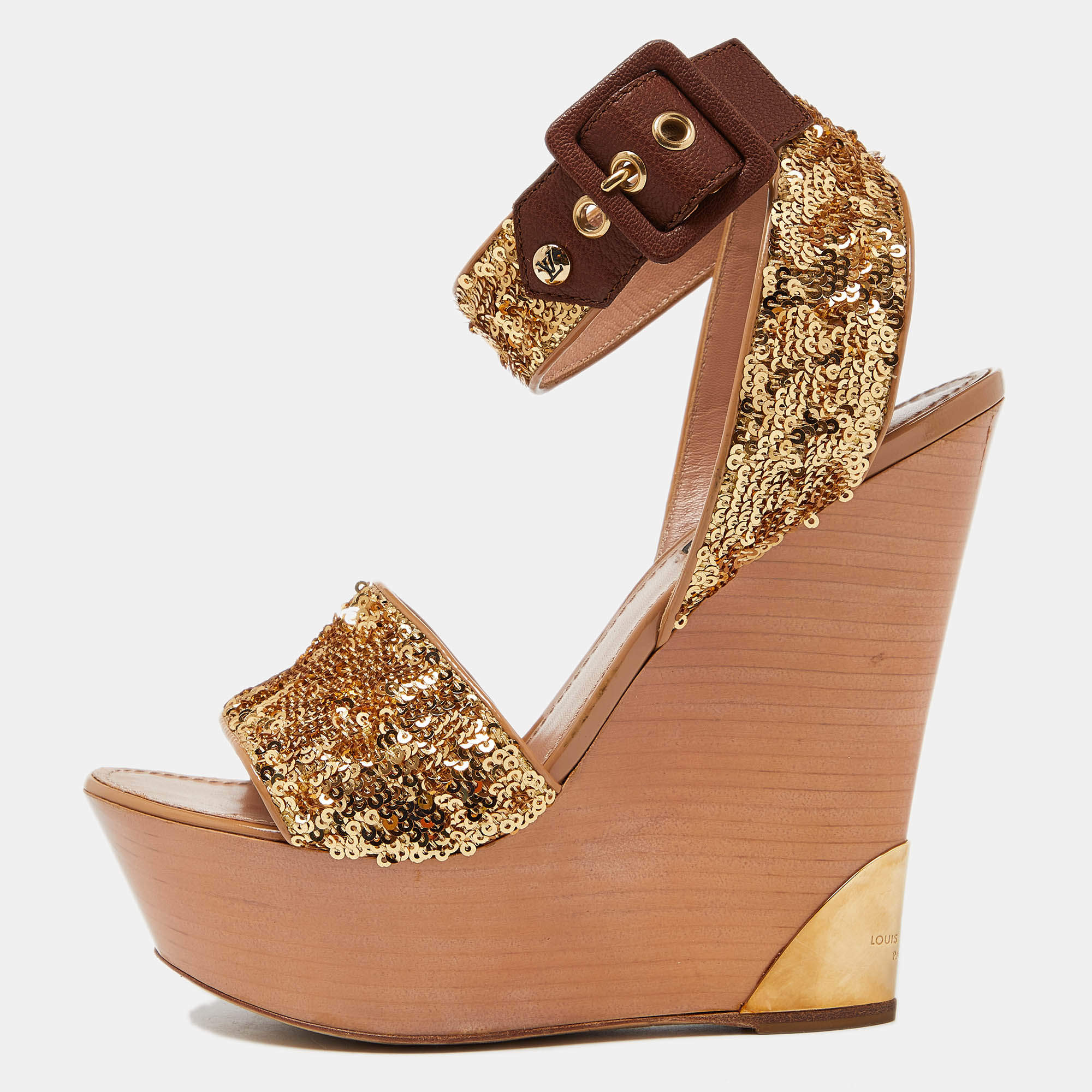 Louis Vuitton Gold Sequins Platform Wedge Ankle Wrap Sandals Size 38