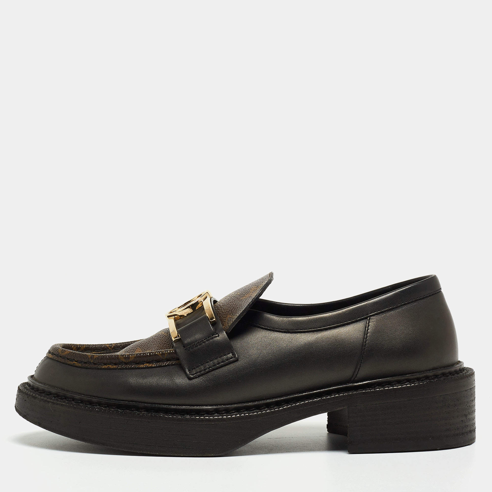 Louis Vuitton Brown/Black Monogram Canvas and Leather Loafers Size 38.5