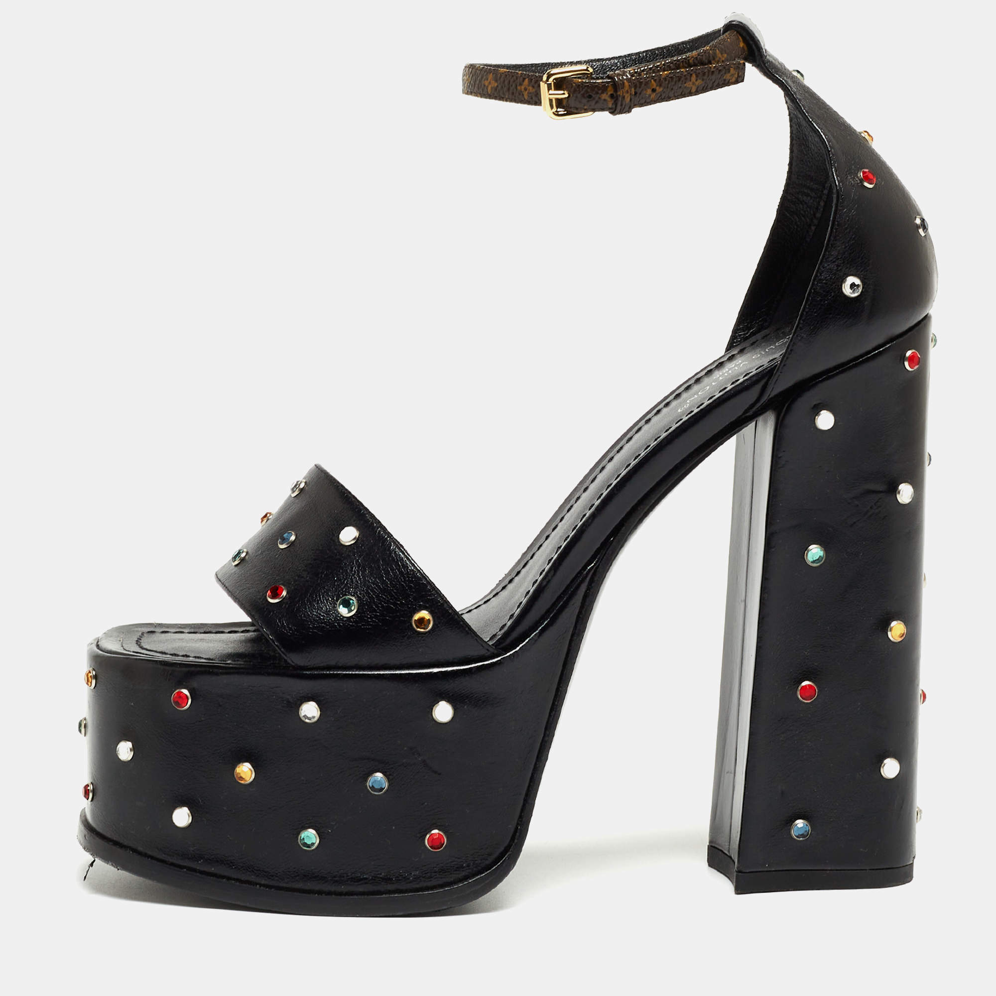 Louis Vuitton Black Leather Studded Fame Sandals Size 38.5