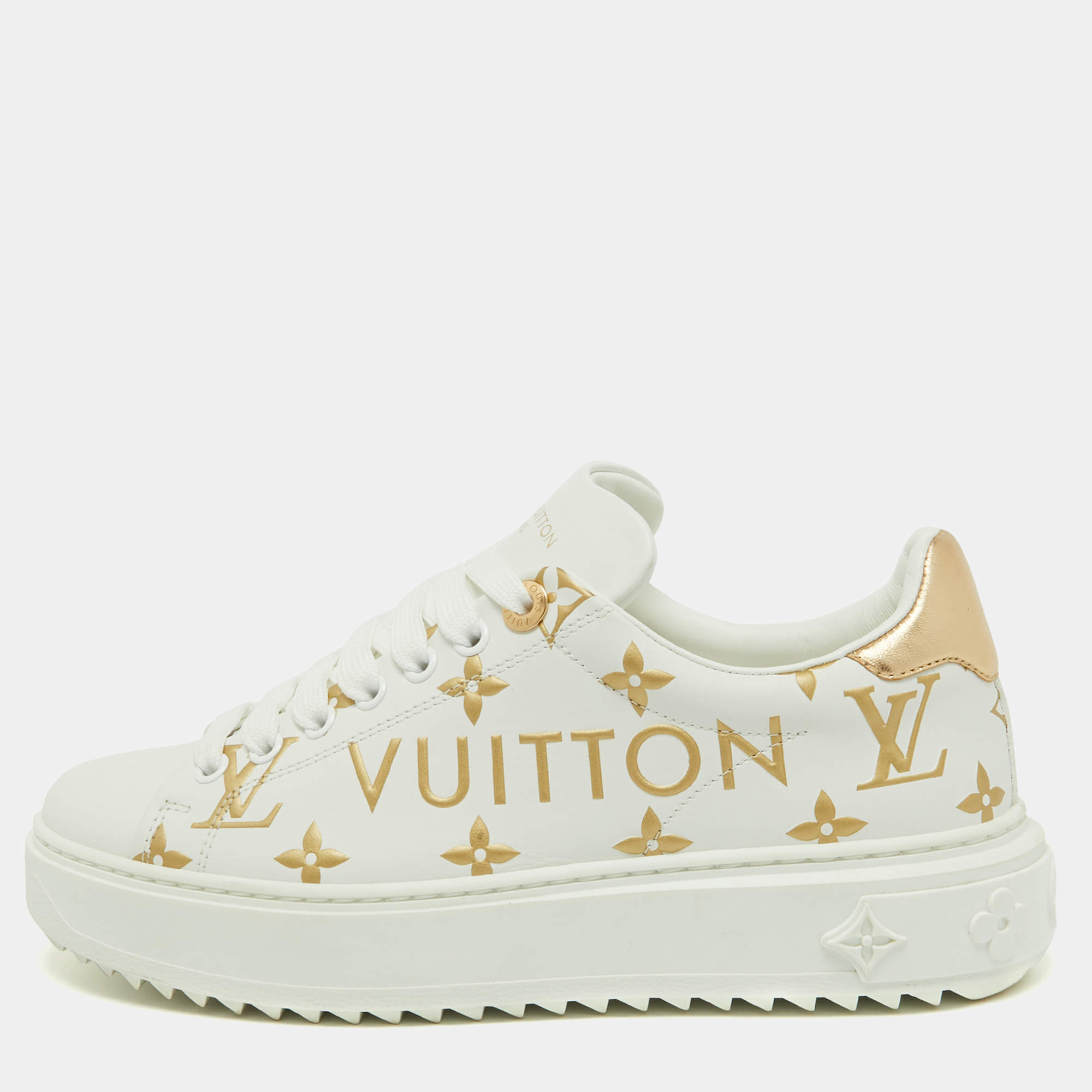 Louis Vuitton White/Gold Monogram Embossed Leather Time Out Sneakers Size 36