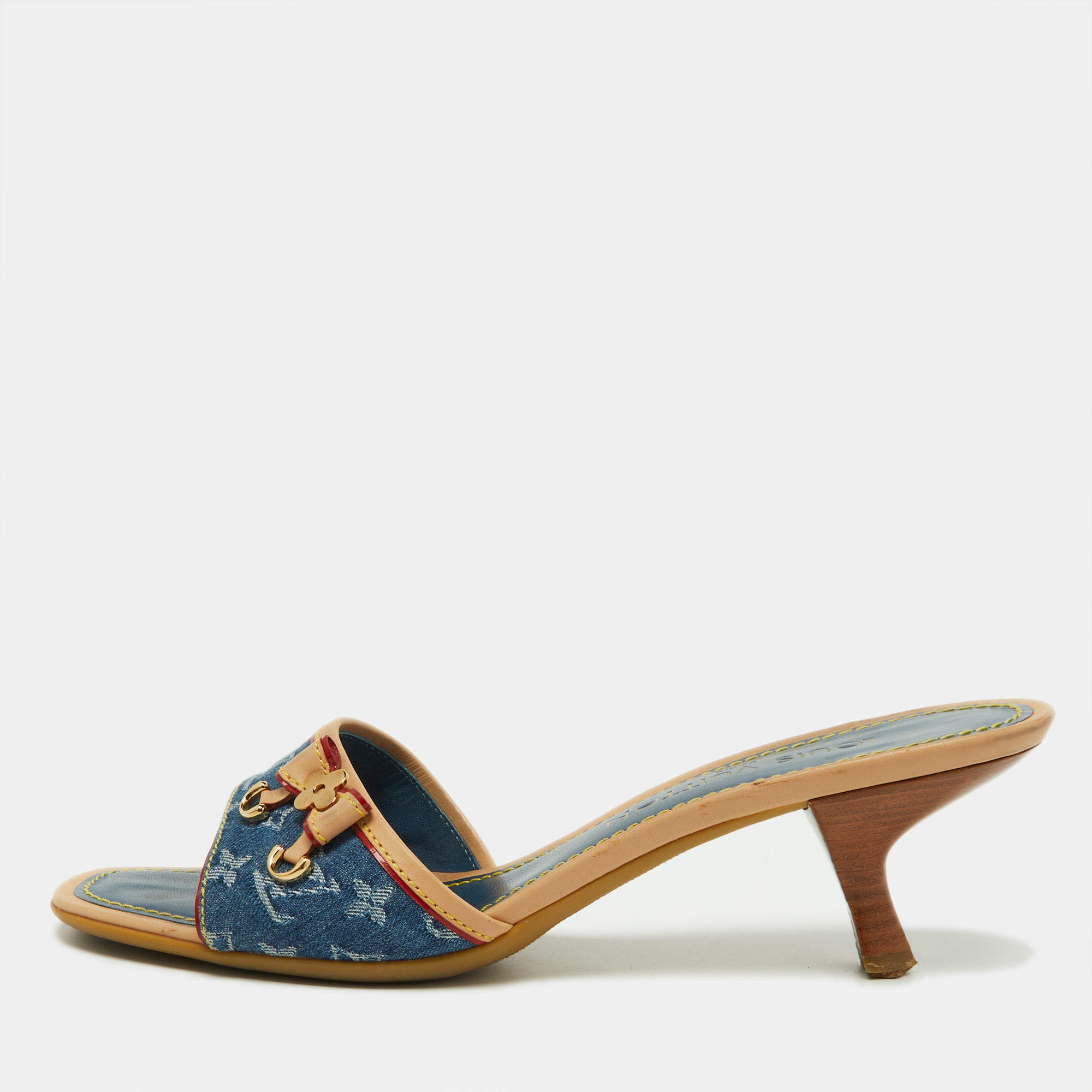 Louis Vuitton Blue/Beige Monogram Denim Bow Slide Sandals Size 37.5