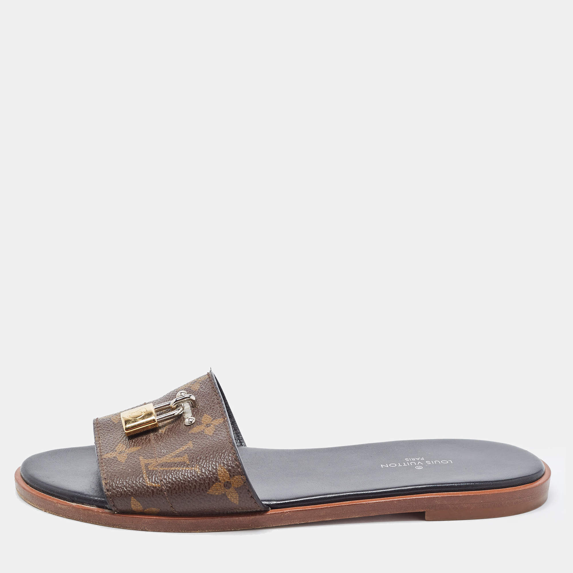 Louis Vuitton Brown Canvas Lock It Flat Slides Size 36 