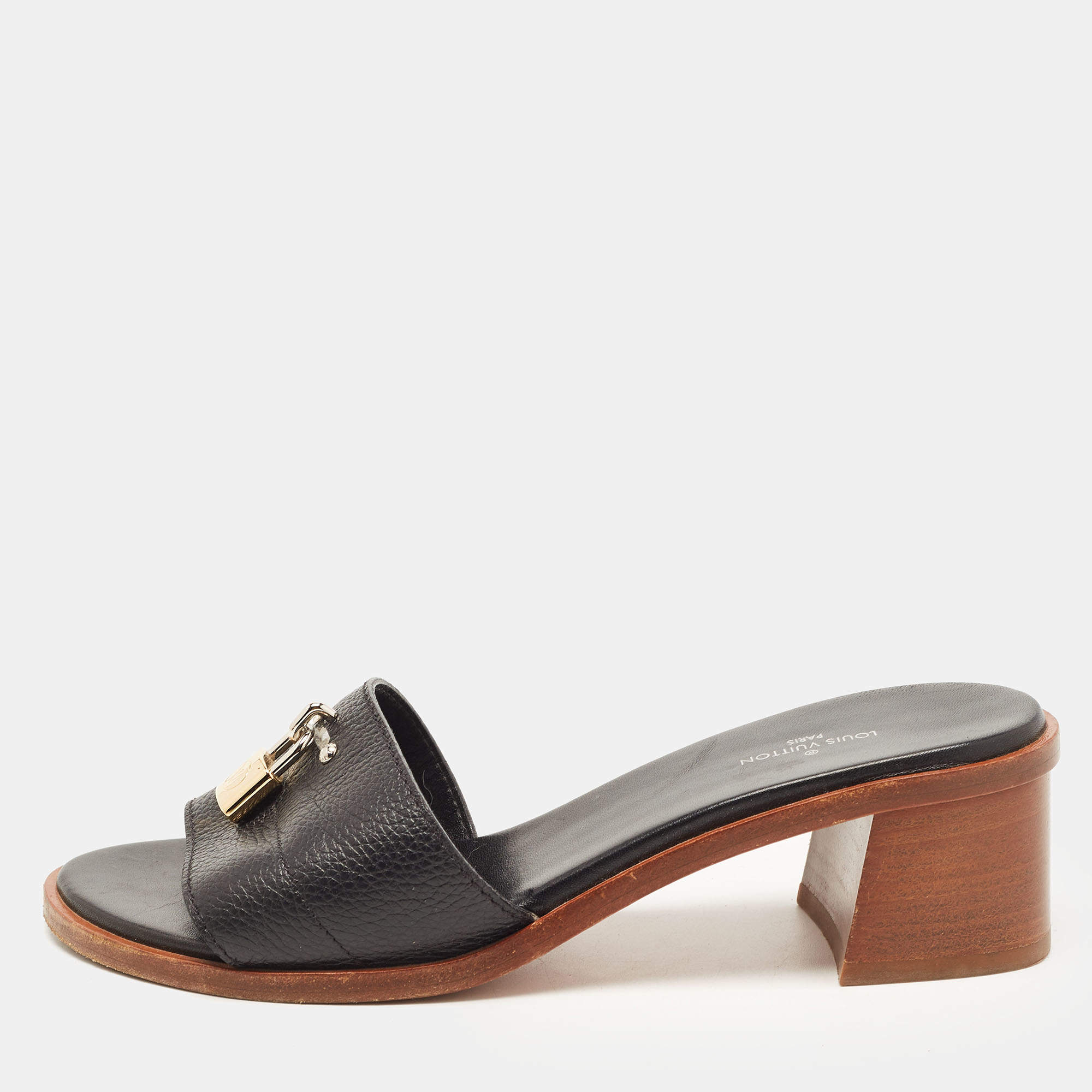 Louis Vuitton Black Leather Lock It  Sandals Size 37